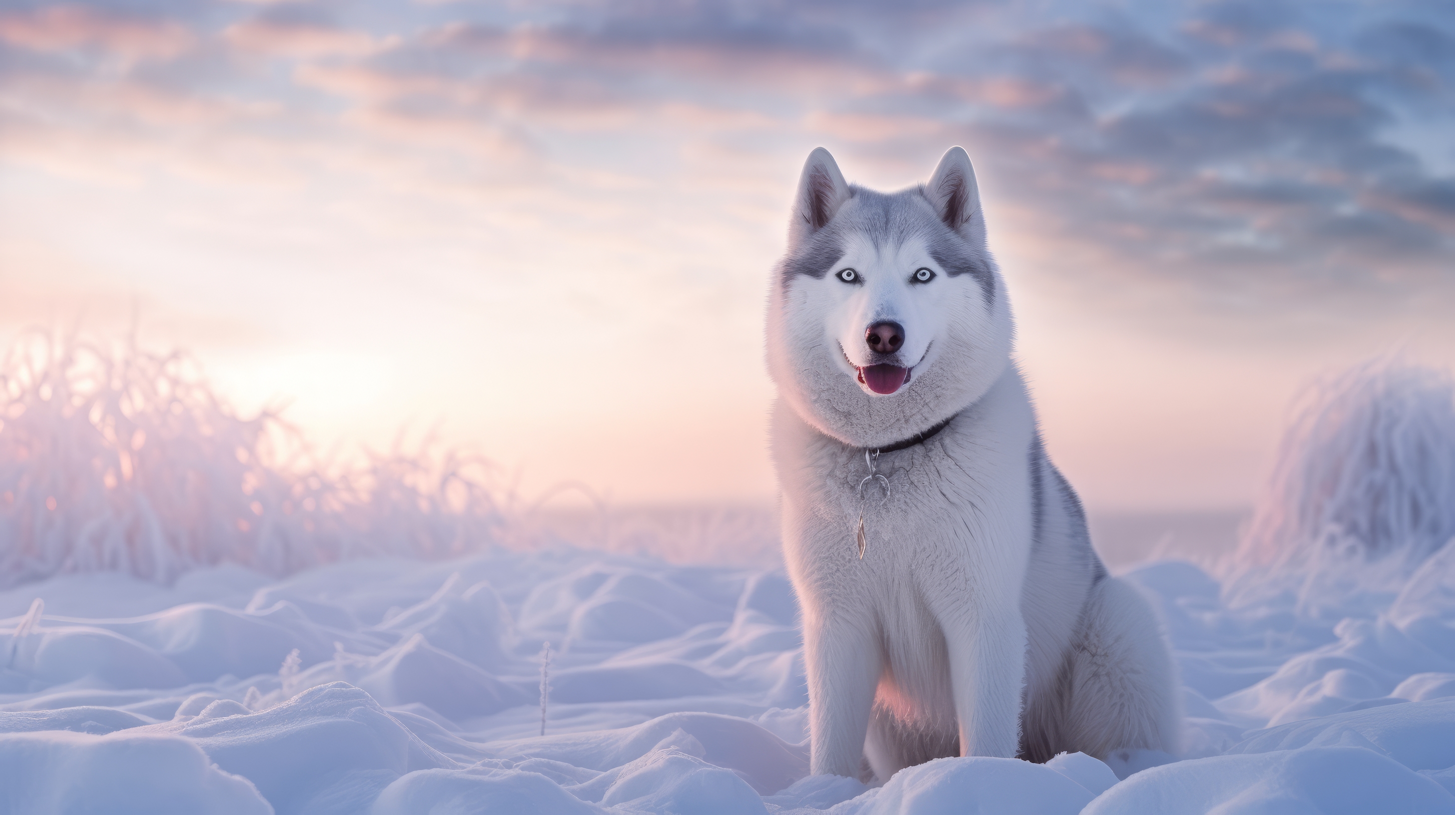 General 2912x1632 AI art snow Siberian Husky  dog winter animals looking at viewer clouds sky sunset glow sunset