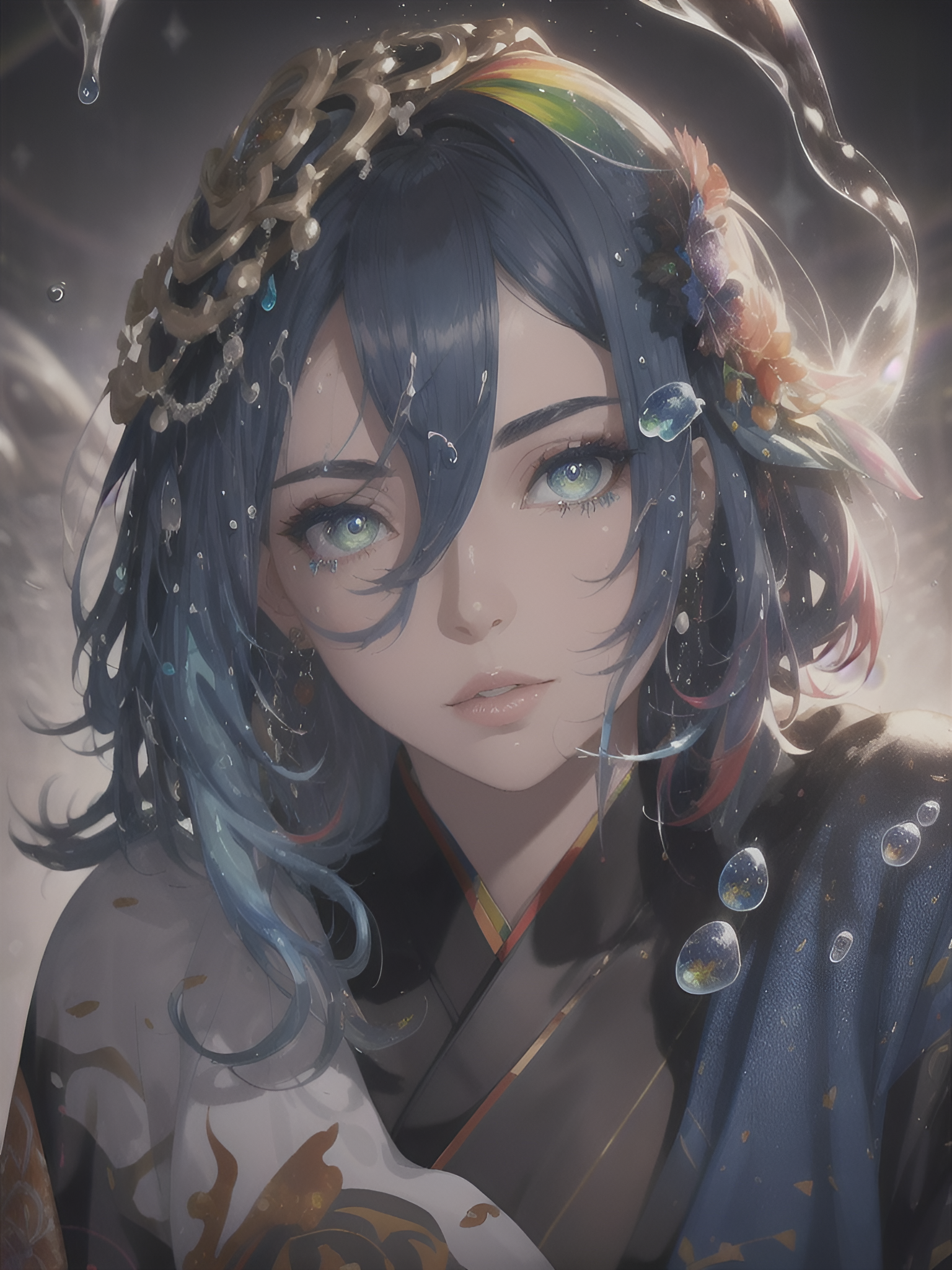Anime 1536x2048 AI art anime girls portrait display flowers flower in hair water drops looking at viewer water