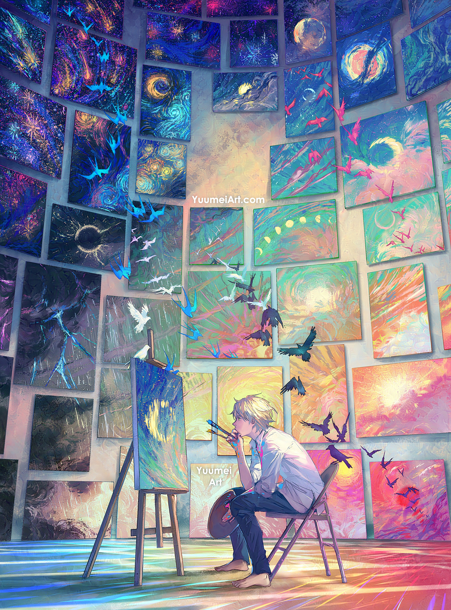 Anime 1479x2000 Yuumei anime boys portrait display painting paint brushes barefoot easel birds chair sitting impressionism thinking canvas profile blonde abstract