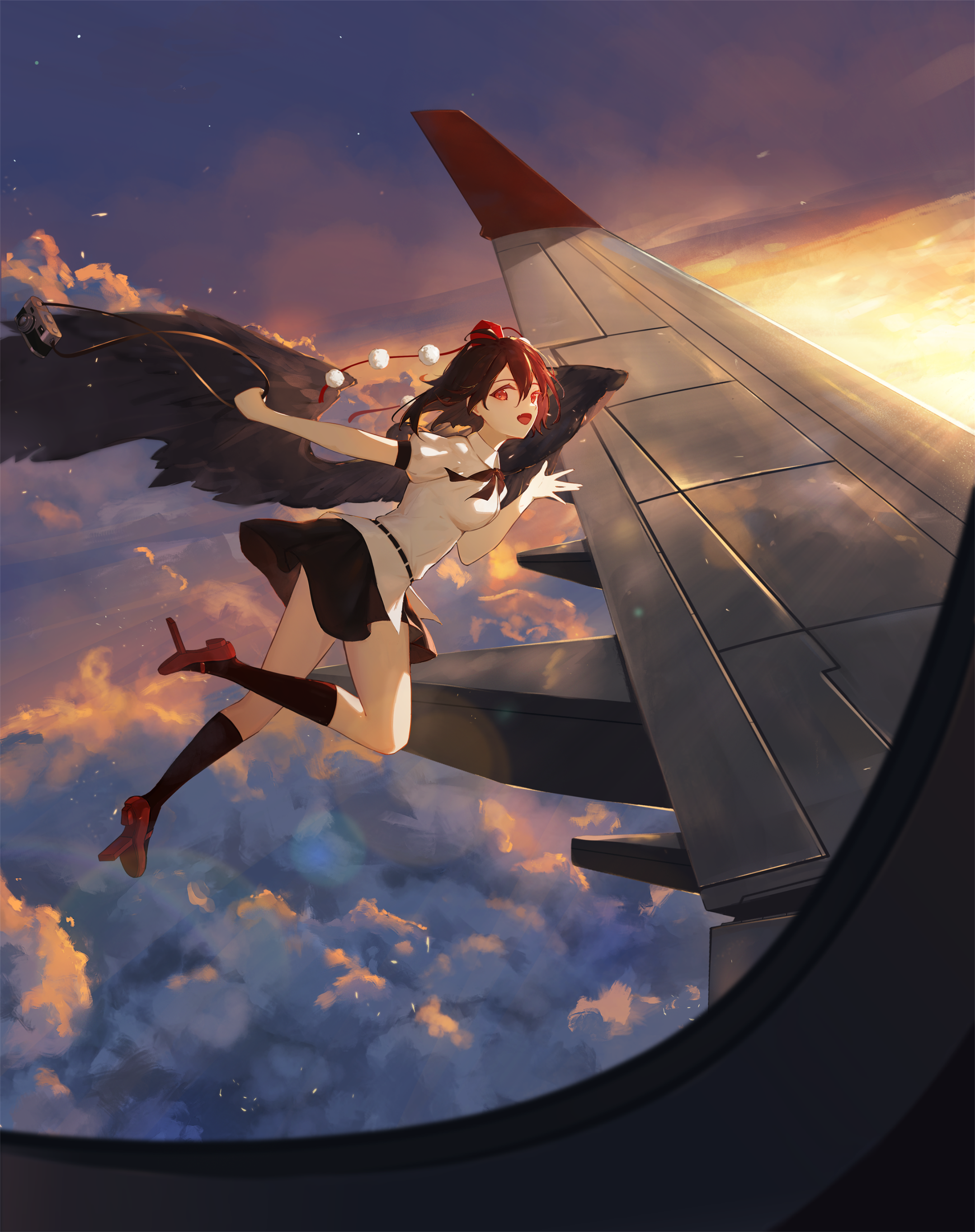 Anime 2157x2726 Touhou hair between eyes portrait display black hair Shameimaru Aya sunset looking at viewer camera women outdoors flying black wings open mouth black mini skirt airplane clouds sky hat smiling short sleeves Gu0st knee-highs