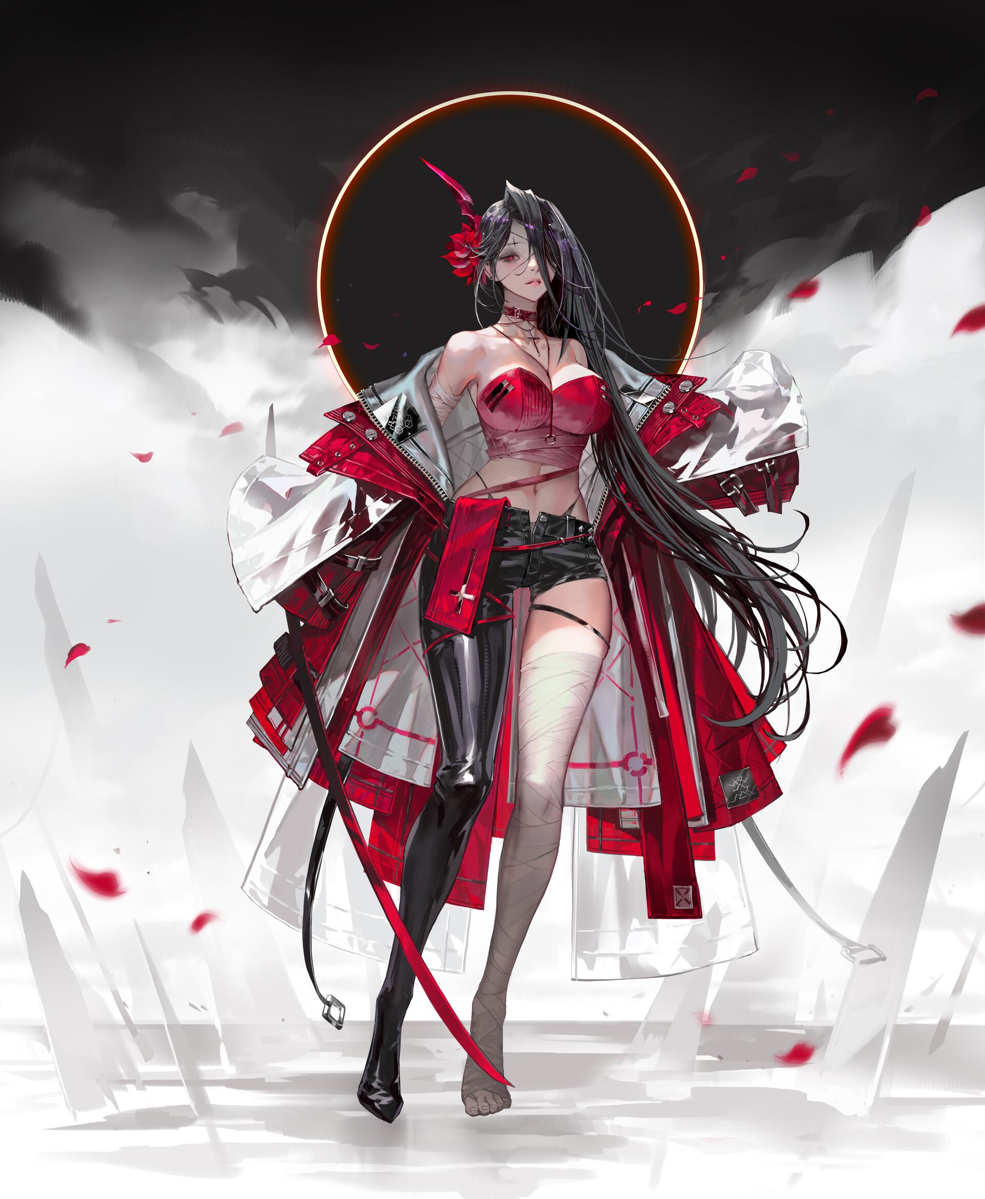 General 1920x2337 Nessi women drawing weapon petals red clothing
