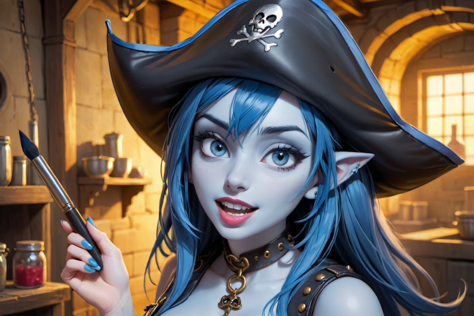Anime 1536x1024 AI art anime girls blue skin pirate girl pirate hat blue hair