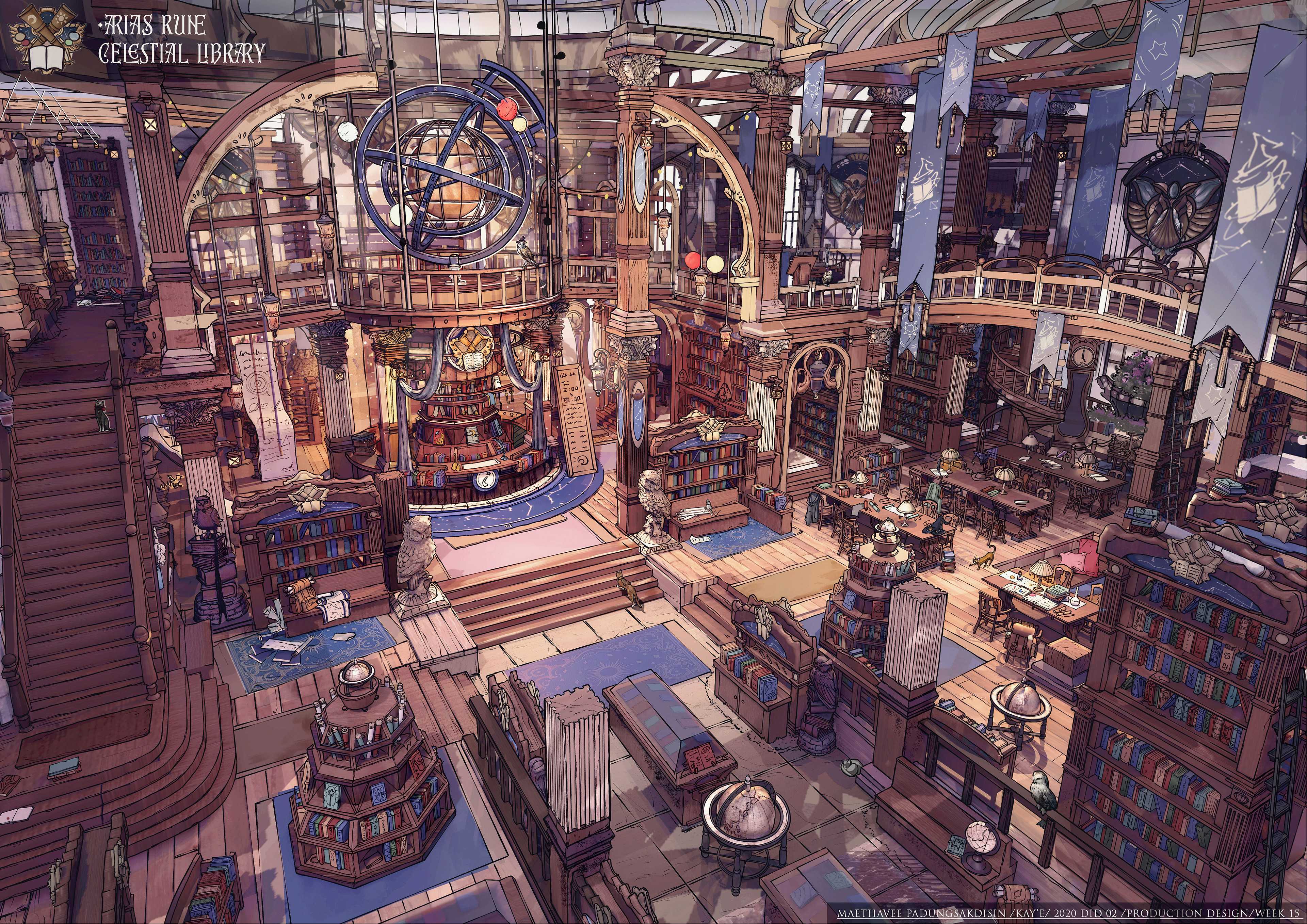 General 3840x2715 watermarked library fantasy art digital art high angle globes fantasy architecture interior