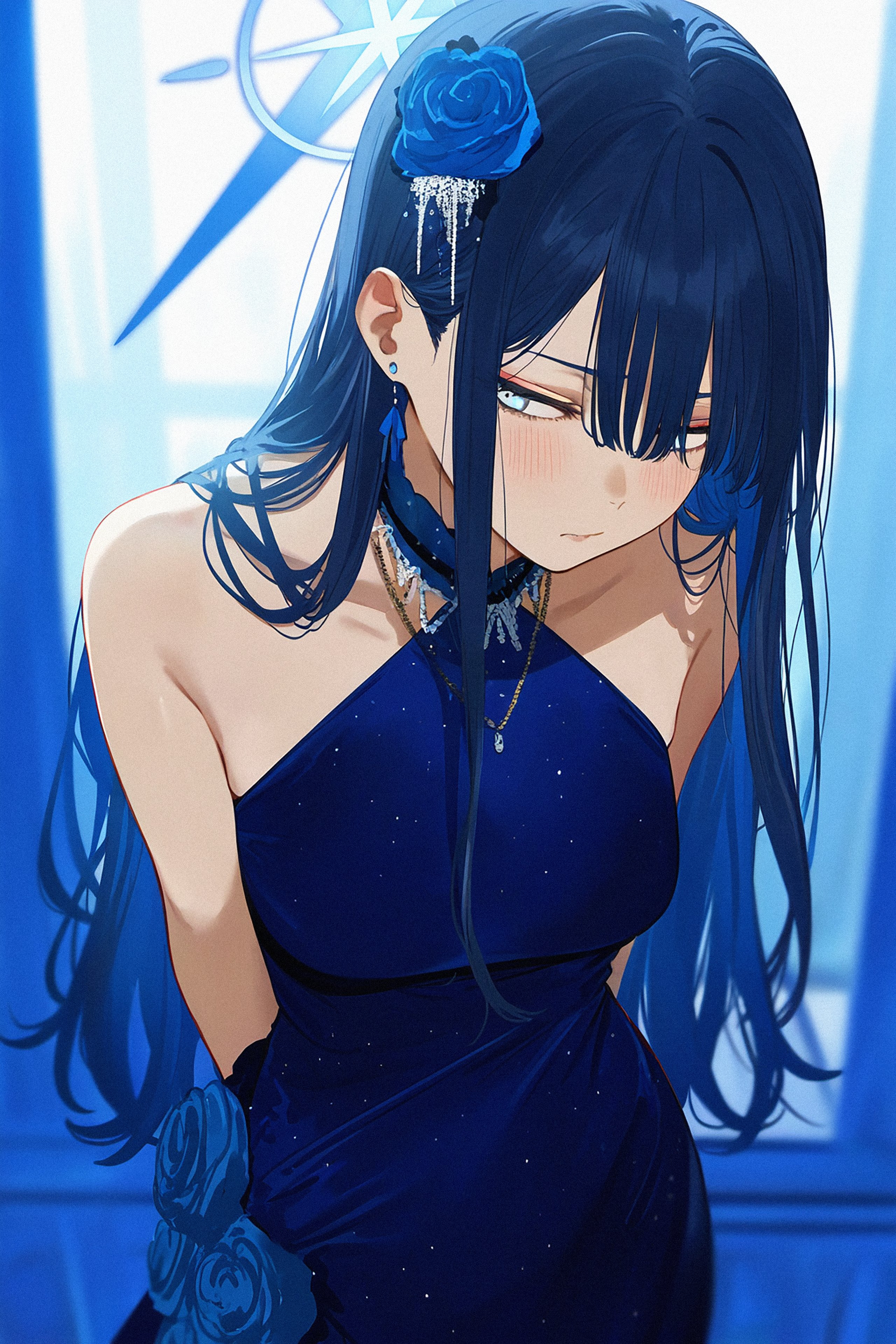 Anime 2560x3840 anime anime girls Saori Joumae Blue Archive Shark lj portrait display looking away long hair blue dress flower in hair closed mouth blue eyes earring bare shoulders collarbone necklace arm(s) behind back dress blue background blue blue rose sleeveless blushing looking sideways
