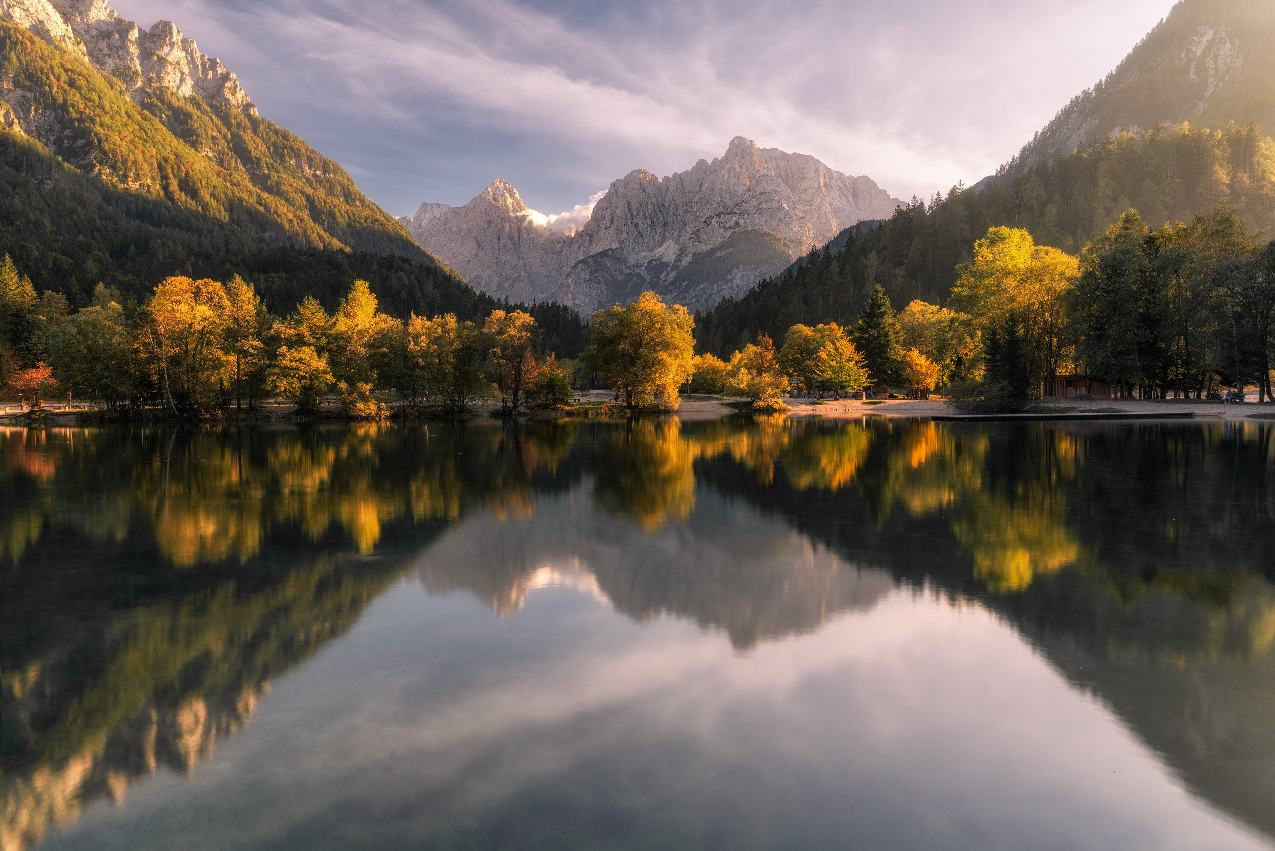 General 4096x2732 nature landscape trees water reflection fall mountains clouds sky long exposure morning Lake Jasna Slovenia