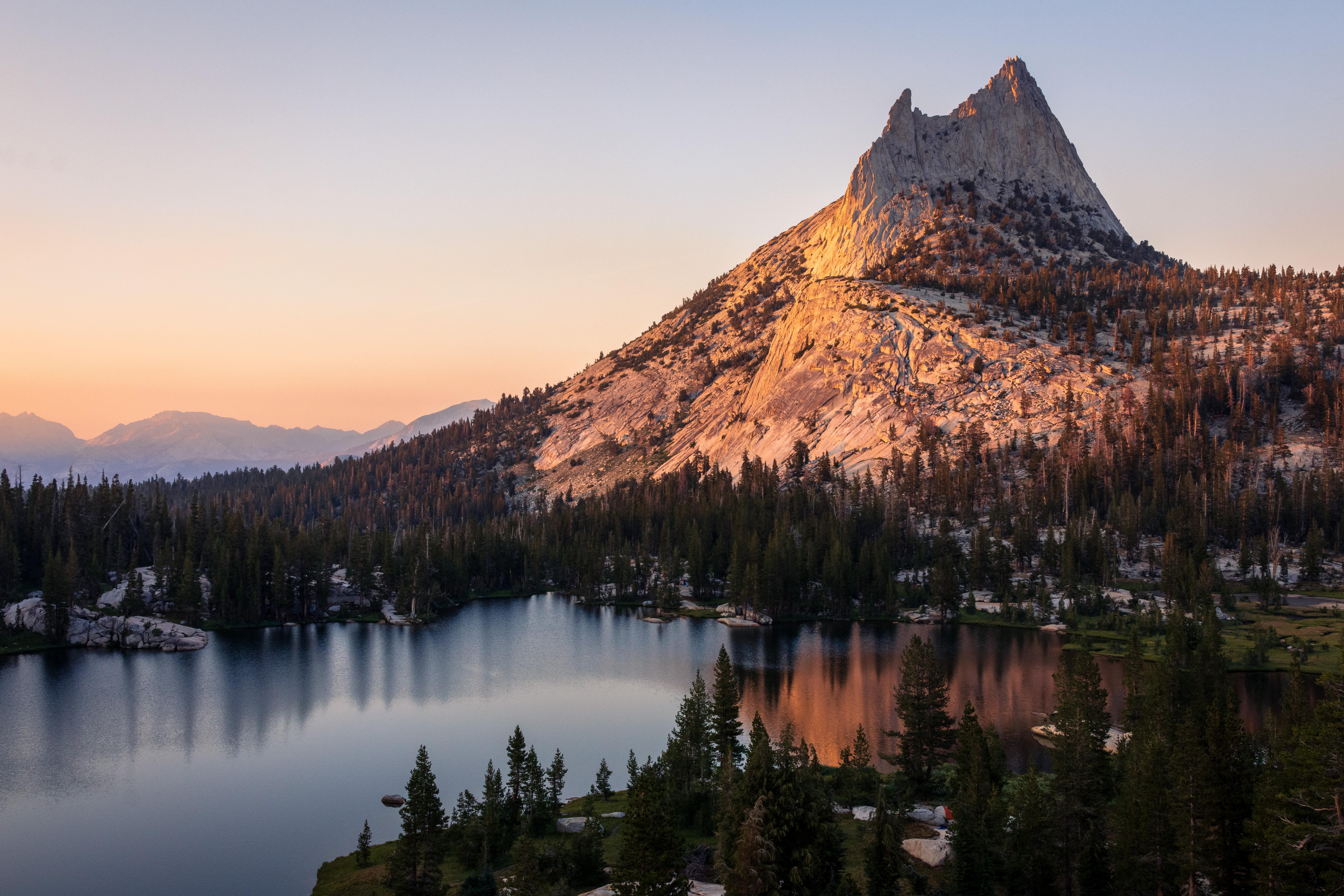 General 6960x4640 forest landscape nature mountains lake Yosemite National Park California USA North America sunset pine trees cliff sky water reflection sunset glow sunlight trees