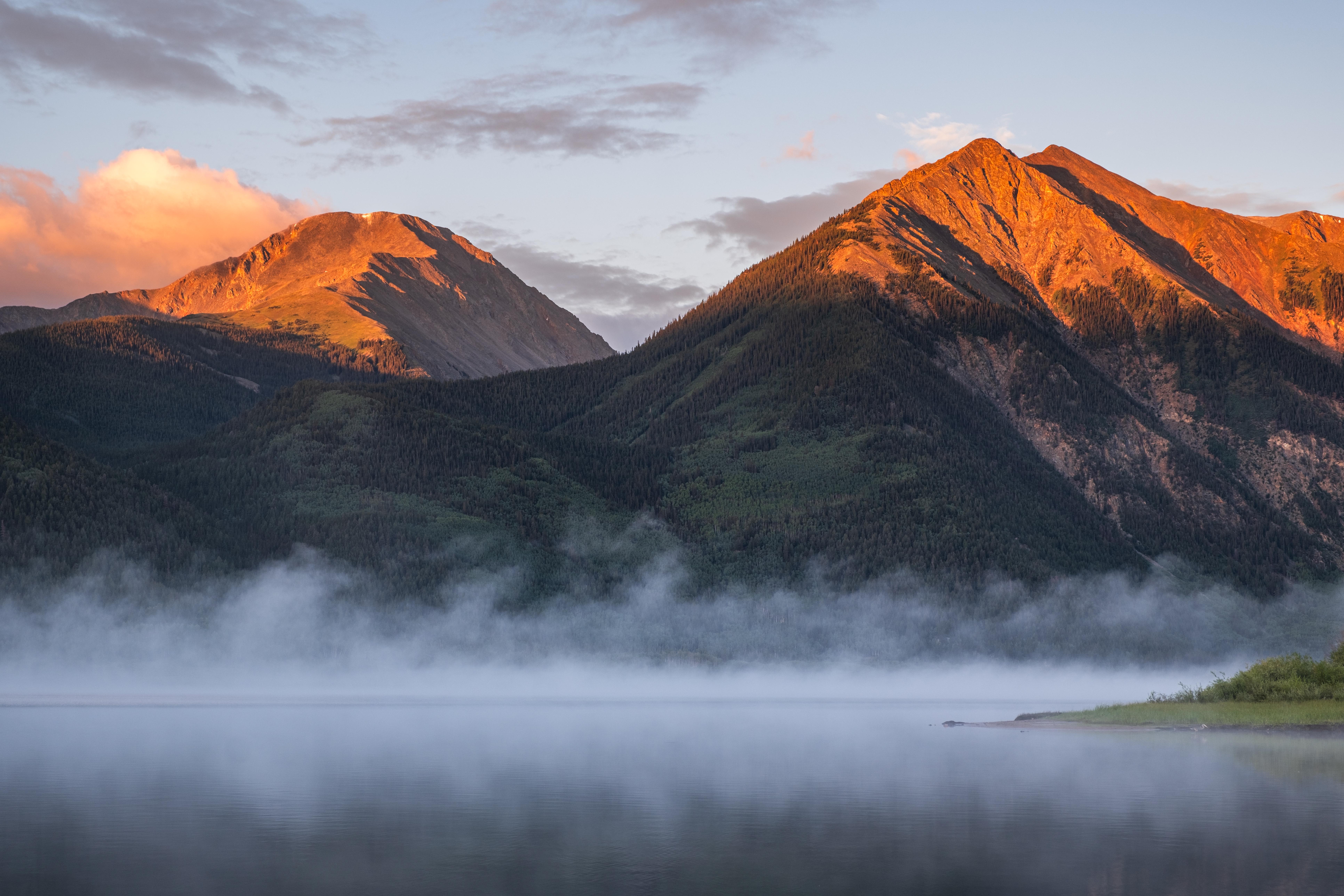 General 7728x5152 forest lake Colorado USA landscape nature mist sunrise sunset mountains clouds