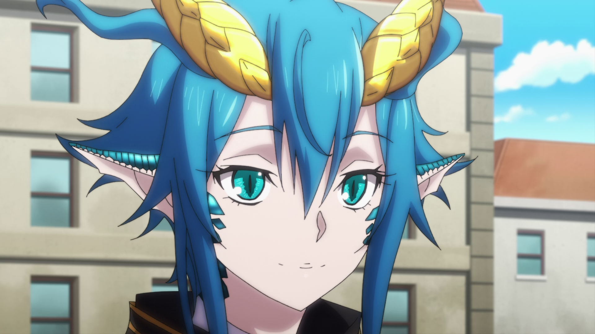 Anime 1920x1080 Monster Musume no Oisha-san Skadi Dragenfelt dragon girl horns blue hair blue eyes pointy ears anime screenshot smiling anime girls monster girl