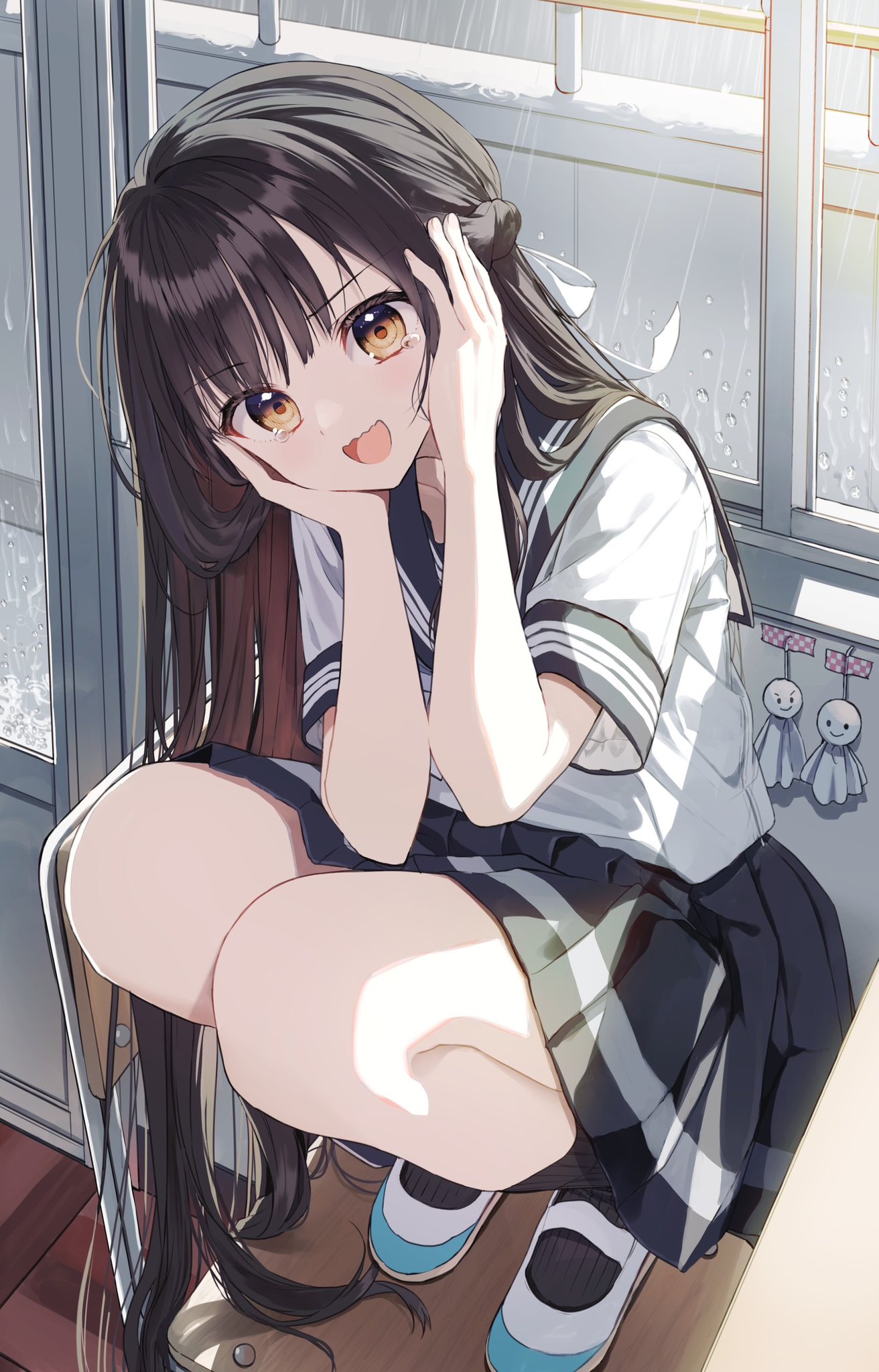 Anime 1312x2048 skirt uniform long hair black hair anime girls brunette school uniform tears rain terrified