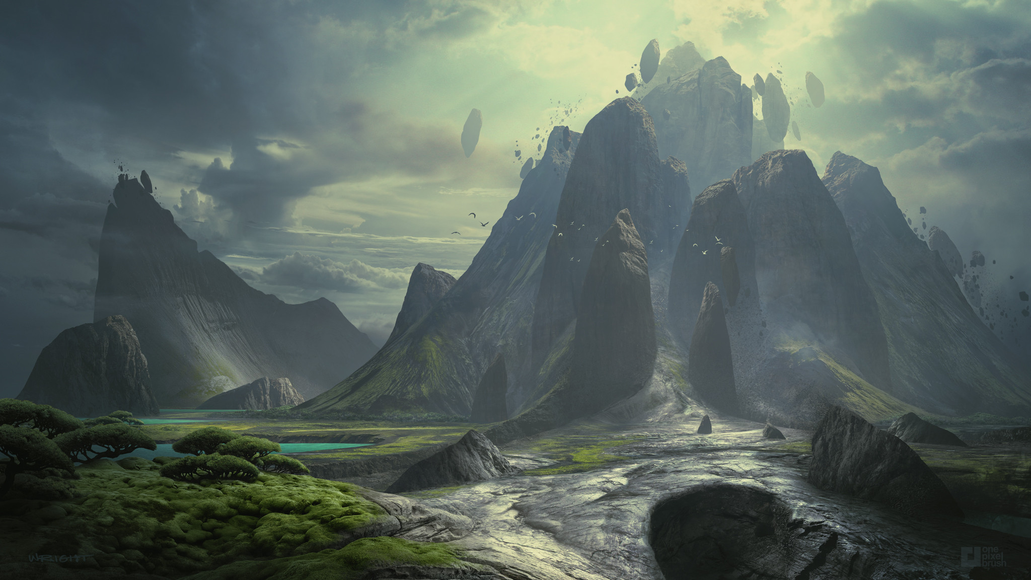 General 2048x1152 artwork digital art concept art mountains trees grass sky clouds rocks birds Mass Effect: Andromeda Richard Wright