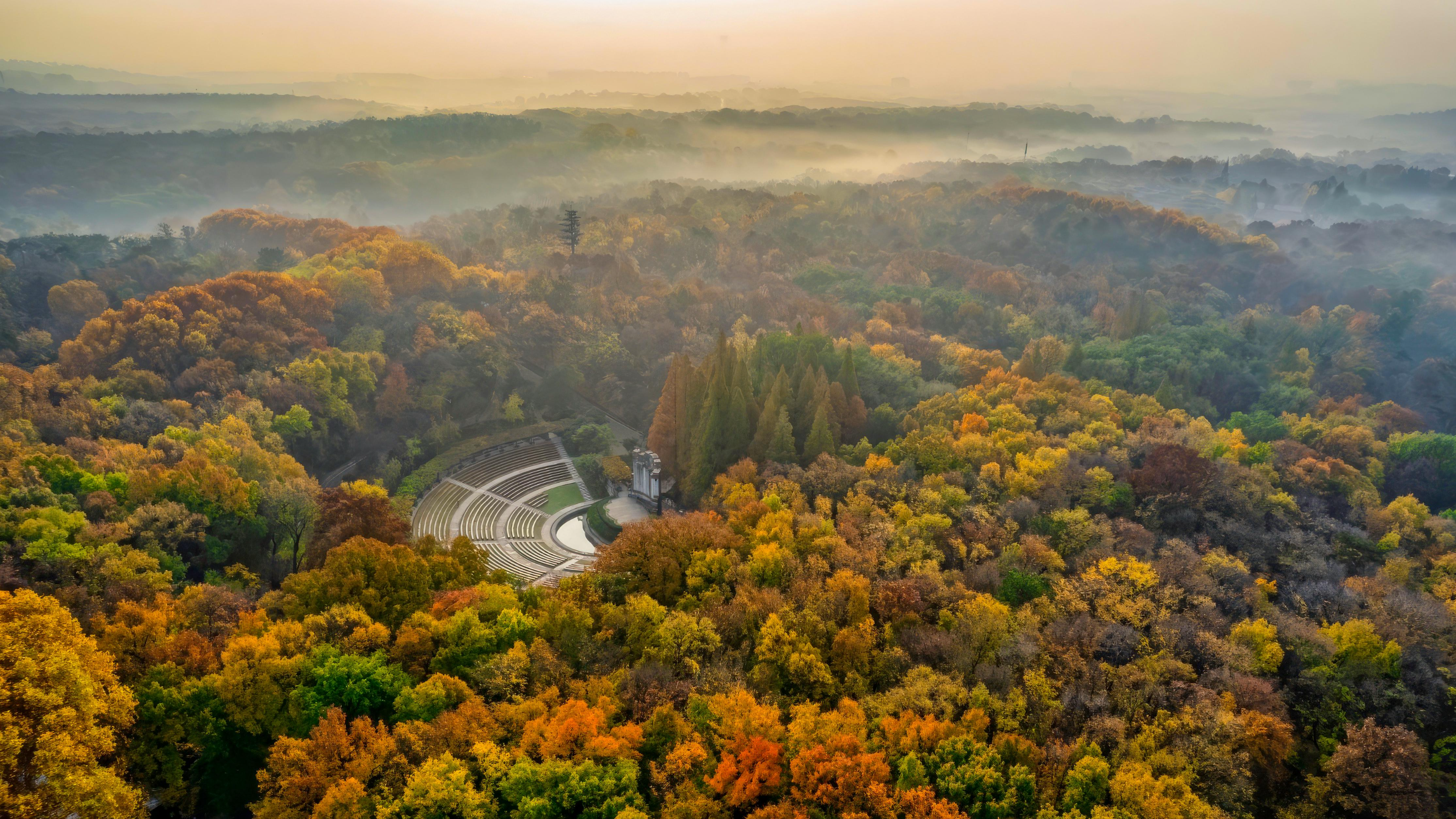 General 3840x2160 nature landscape trees forest architecture mist far view fall Nanjing China amphitheater