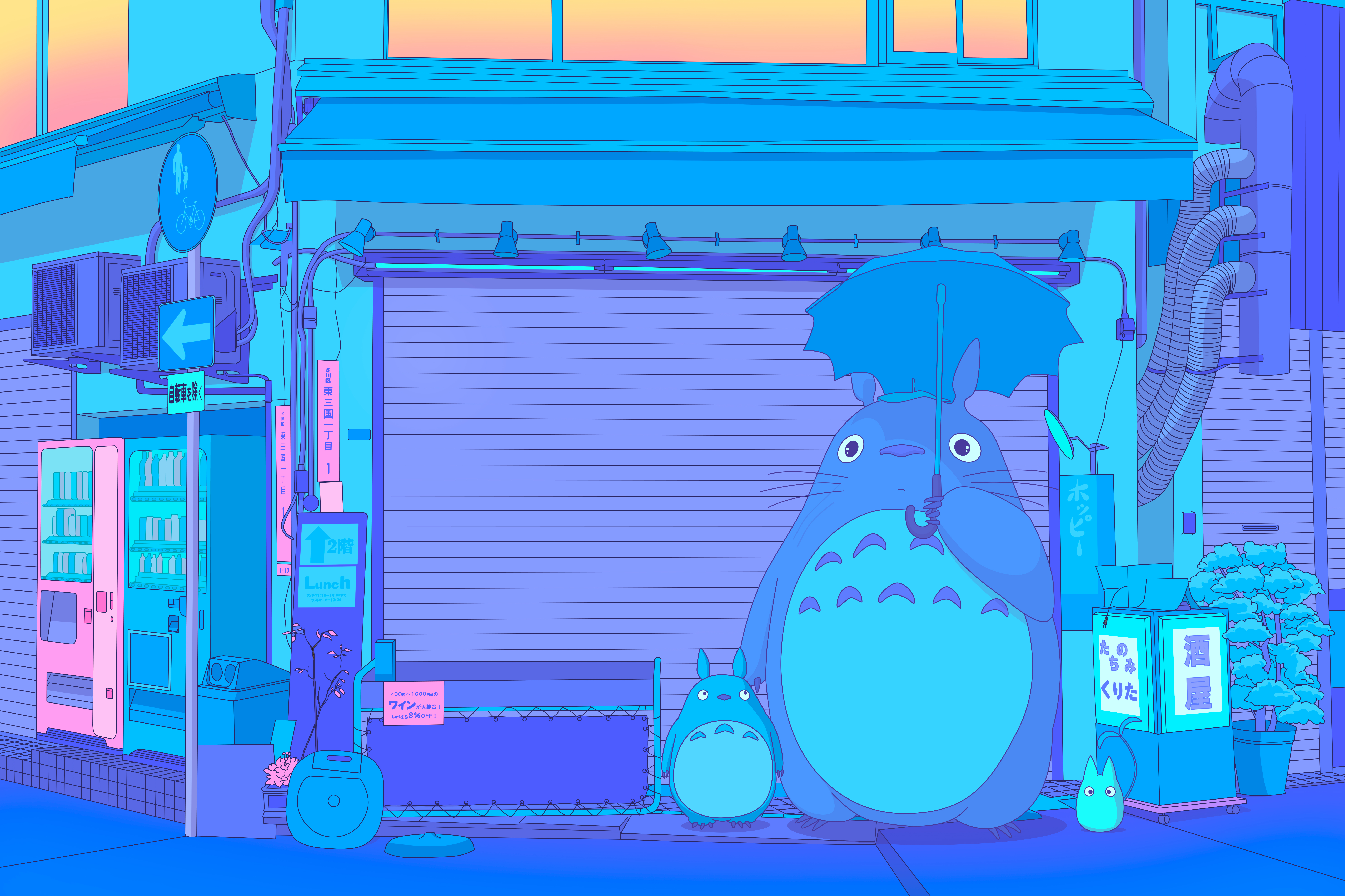 General 7800x5200 exhozt digital art artwork illustration street blue Totoro My Neighbor Totoro anime creature umbrella