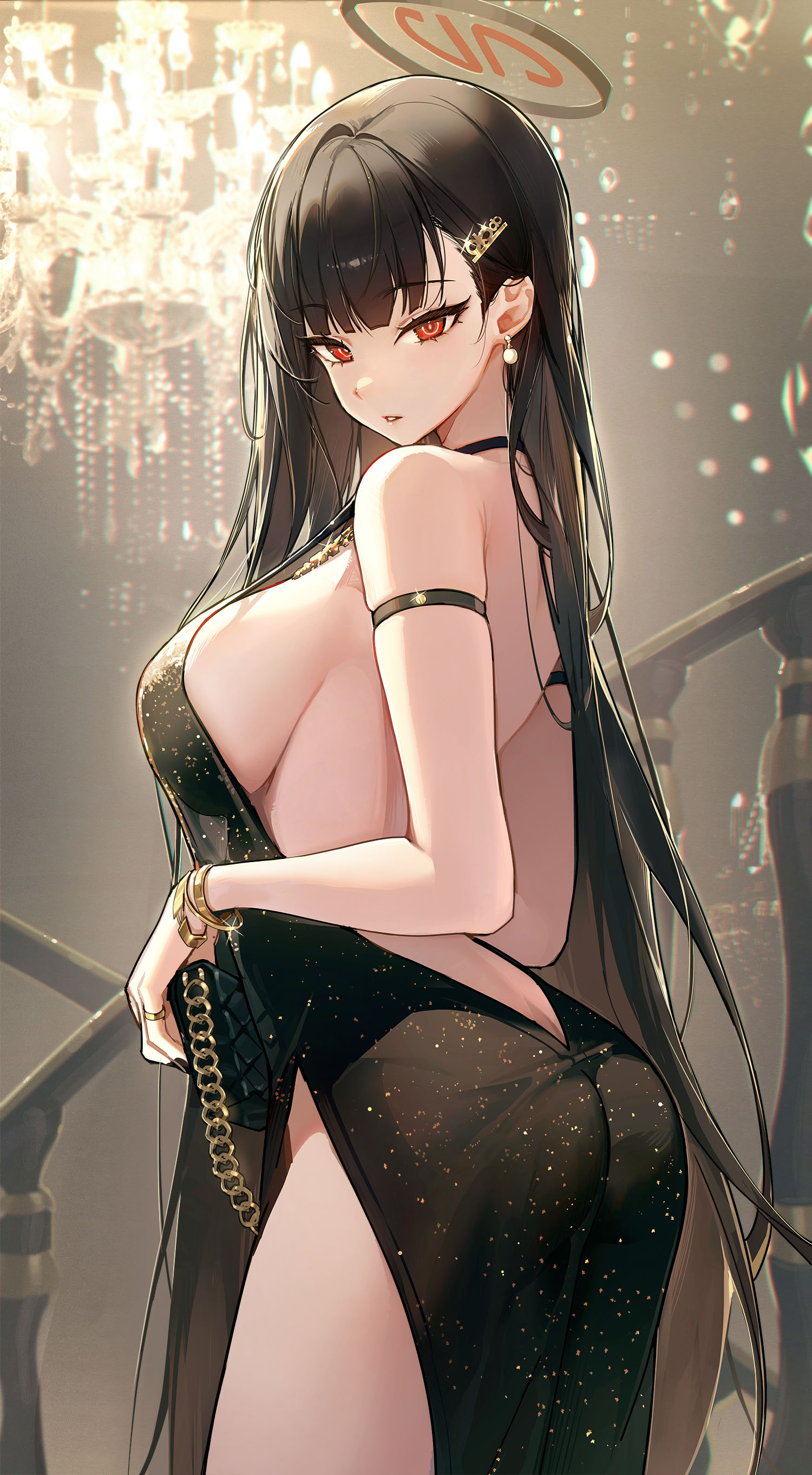 Anime 1500x2722 Blue Archive looking back portrait display red eyes Tsukatsuki Rio black dress huge breasts butt crack hair ornament sideboob looking at viewer hair clip shiny clothing parted lips cocktail dress standing bare shoulders railing backless dress nopan chandeliers armlet dress nightgown Ttosom bracelets no bra blunt bangs