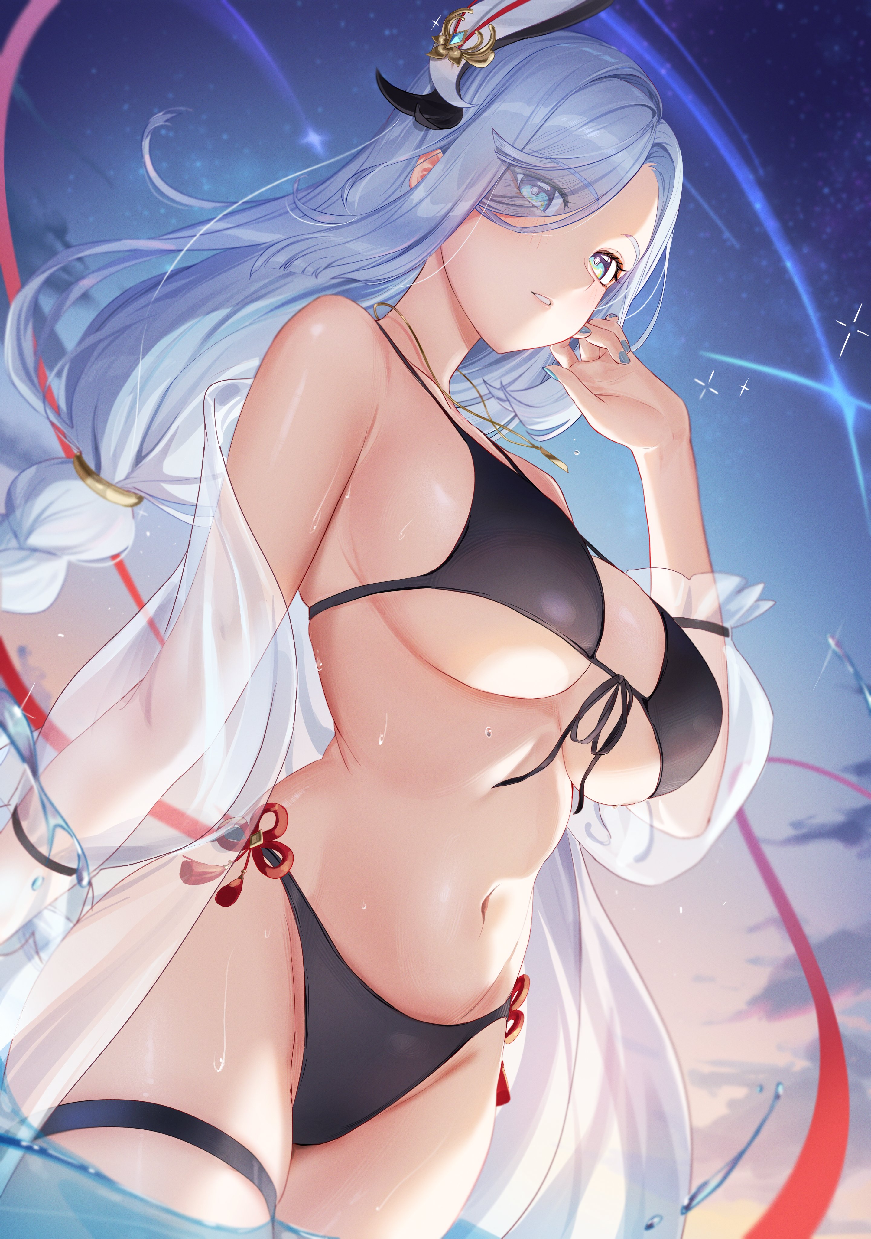 Anime 2881x4096 Genshin Impact long hair portrait display Naruse U huge breasts blue eyes hair over one eye bikini low-angle black swimsuit water standing in water light blue hair blue nails thigh strap one arm up see-through clothing sky swimwear hair ornament leg ring thigh band
