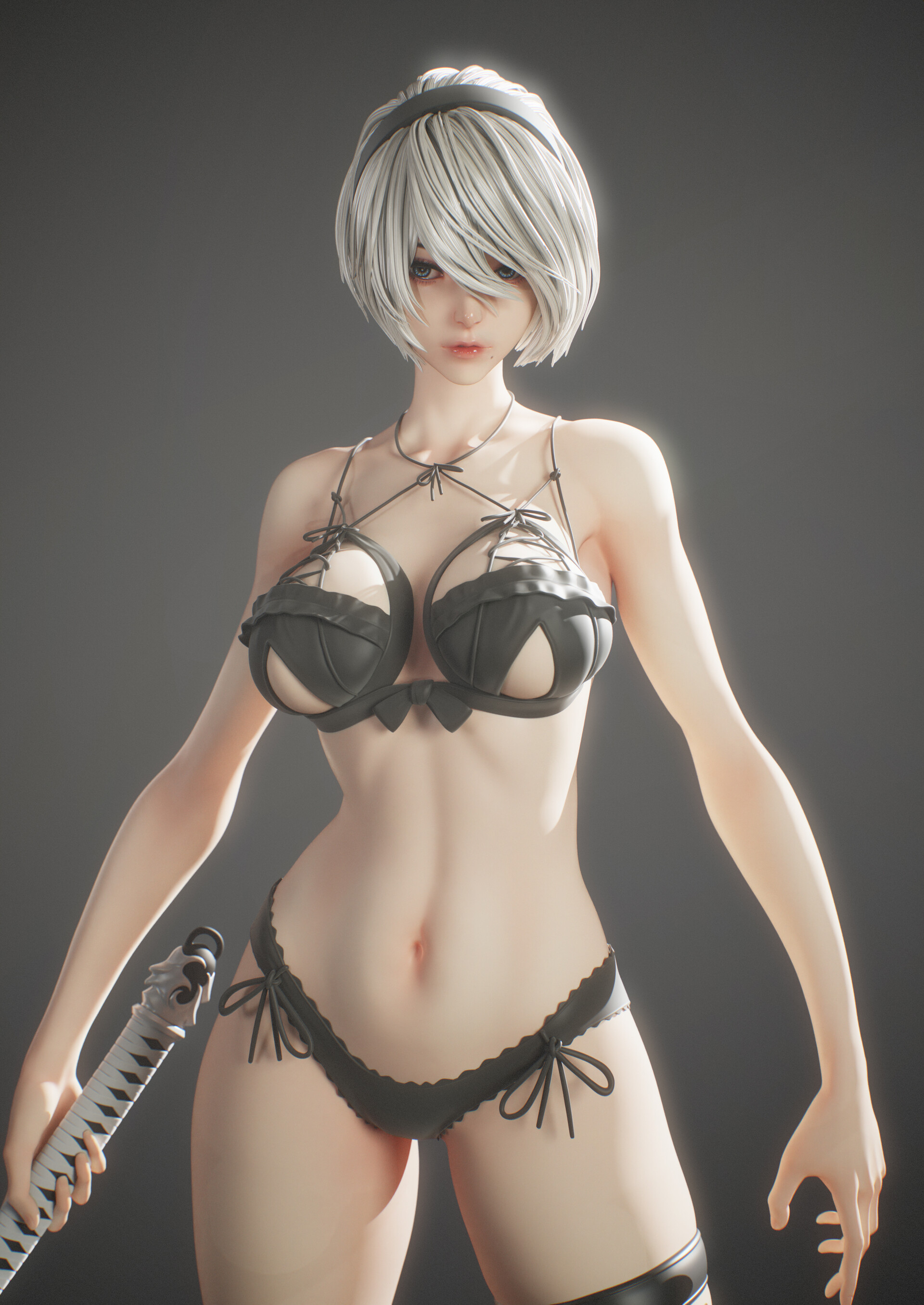 General 1920x2710 Pei Shi Jun CGI lingerie 2B (Nier: Automata) simple background skimpy clothes standing spread legs frontal view thigh band leg ring thigh strap