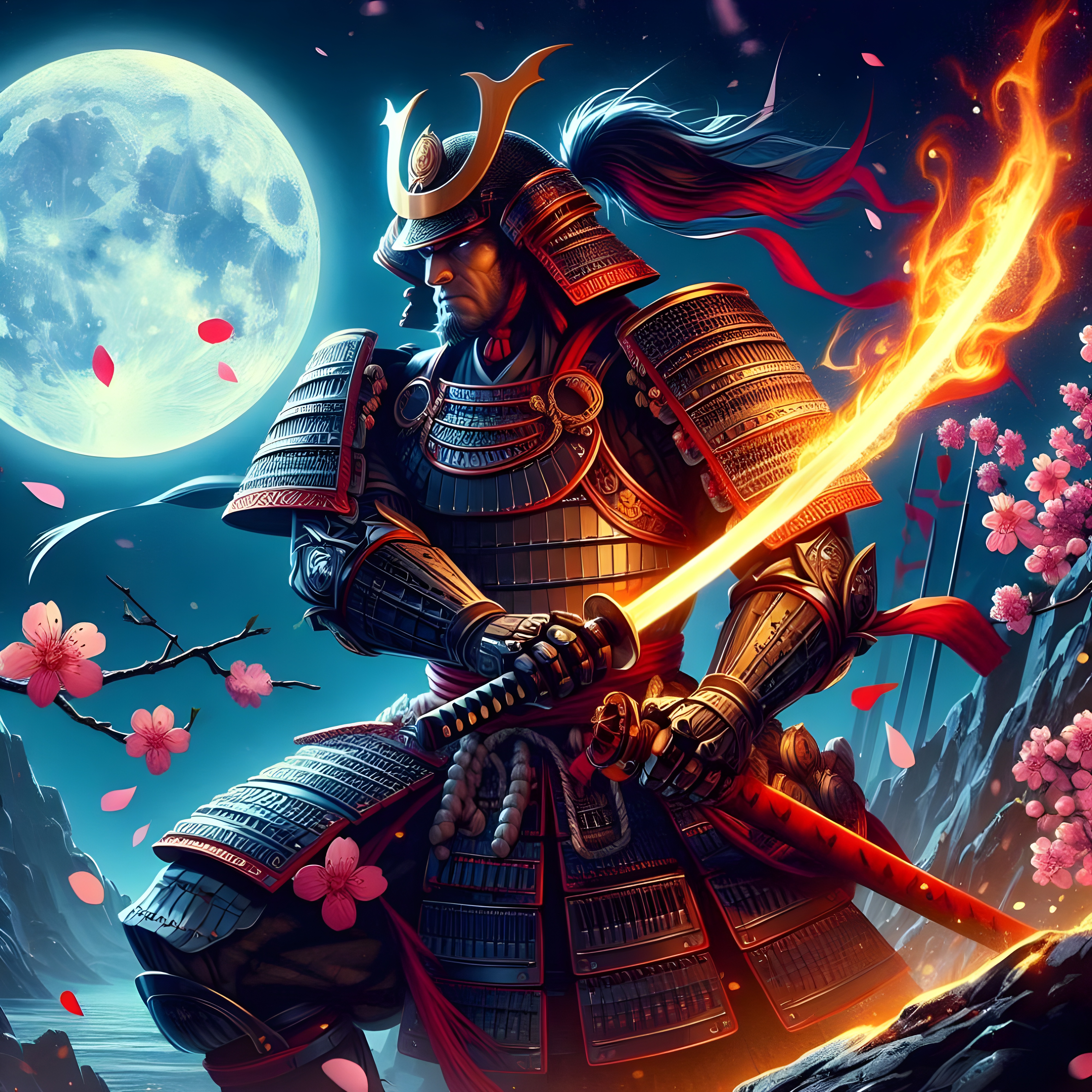 General 4000x4000 AI art digital art samurai katana fire Japan warrior Moon sword