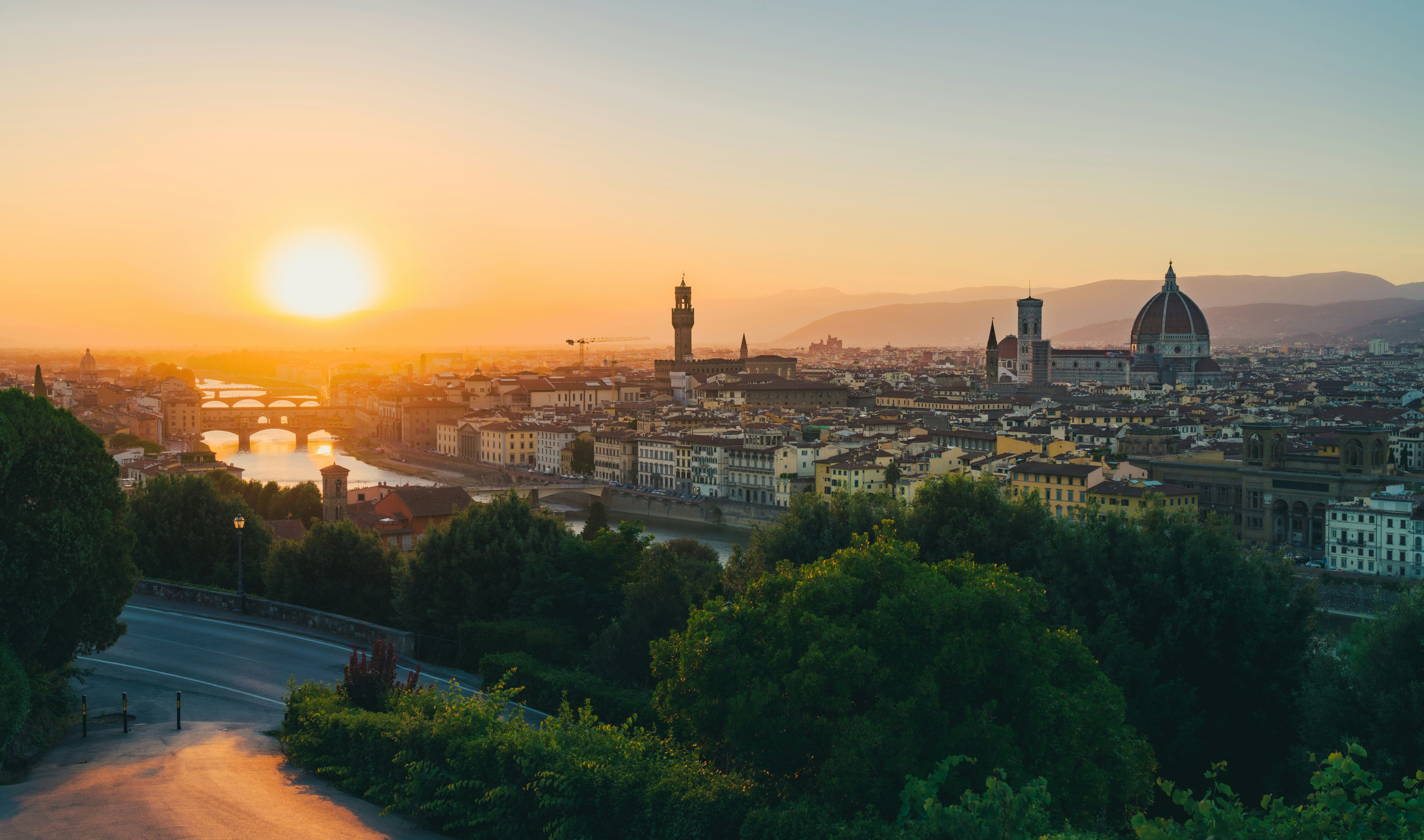 General 4000x2360 landscape city river bridge cranes (machine) building apartments mountains trees road Sun cityscape urban Florence Tuscany Italy Daniel Seßler skyline