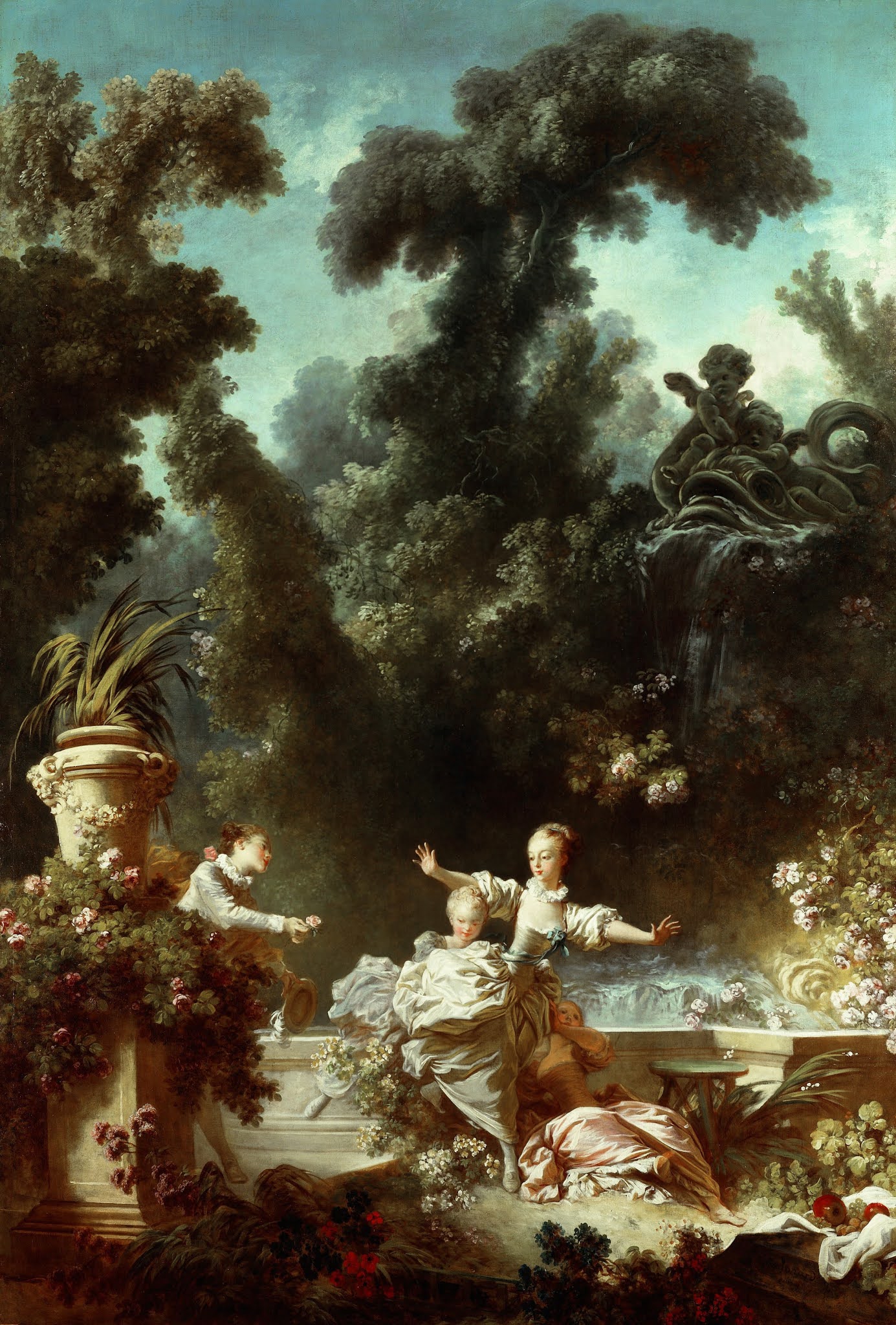 General 1385x2048 classic art Jean-Honoré Fragonard painting trees flowers park statue