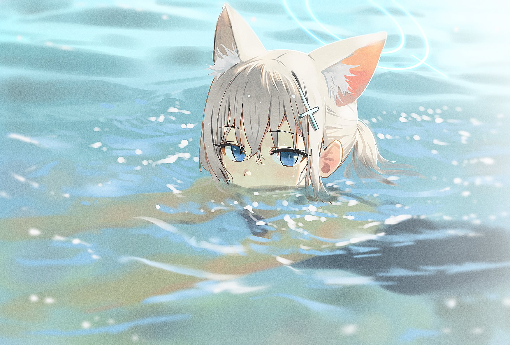 Anime 1750x1185 Blue Archive anime anime girls in water hair between eyes water Shiroko (Blue Archive) hair ornament blue eyes white hair animal ears wolf girls wolf ears wasabi60 looking at viewer mismatched pupils waves sunlight short hair ponytail