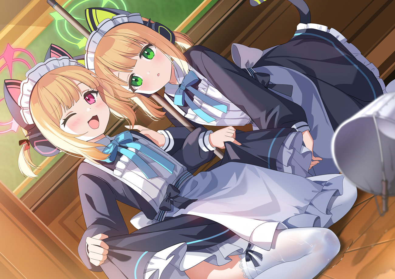 Anime 1300x919 anime girls maid Blue Archive Saiba Midori Saiba Momoi fan art blonde twins cat ears loli