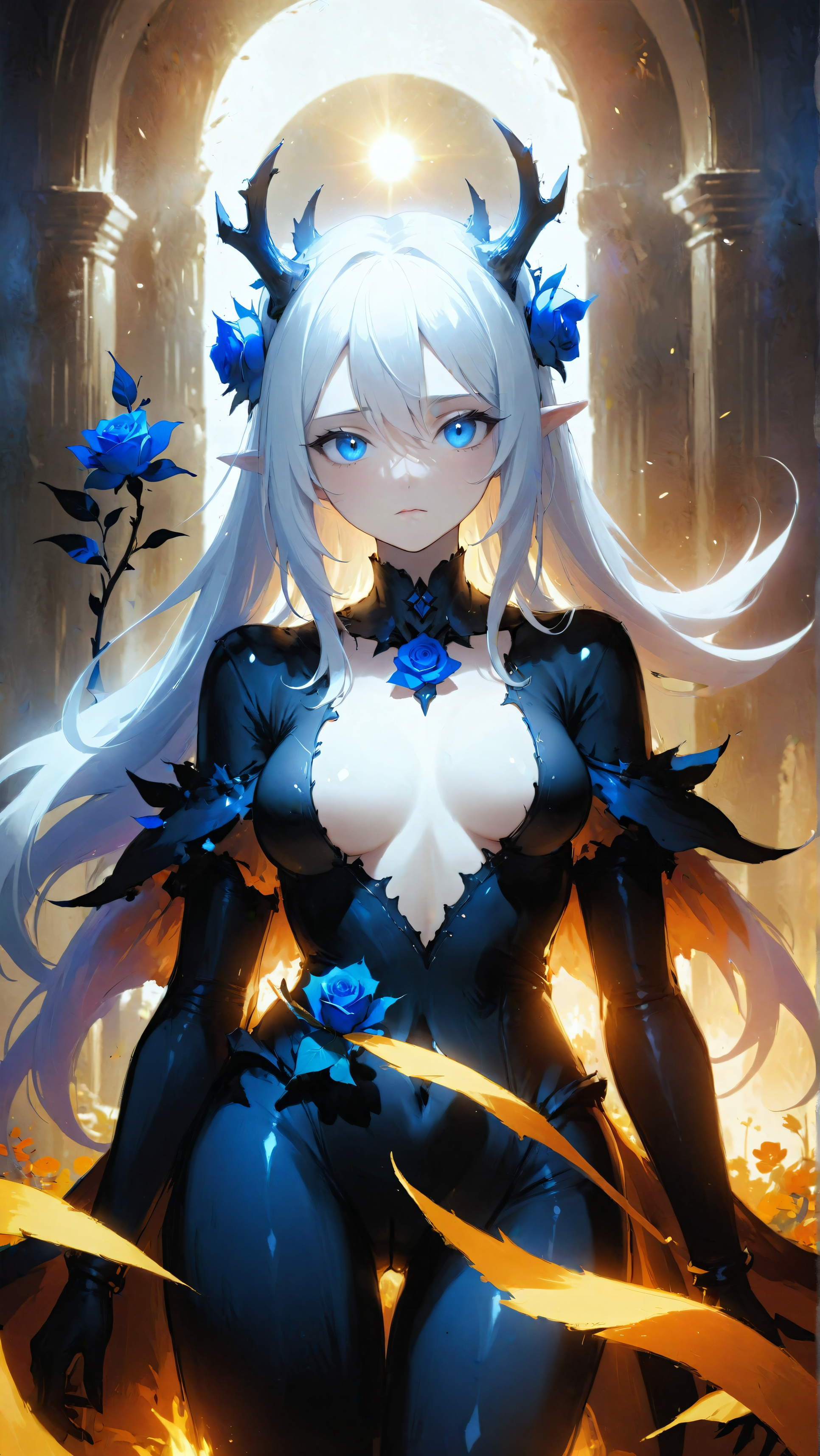 Anime 1932x3430 AI art anime rose deer horns flowers