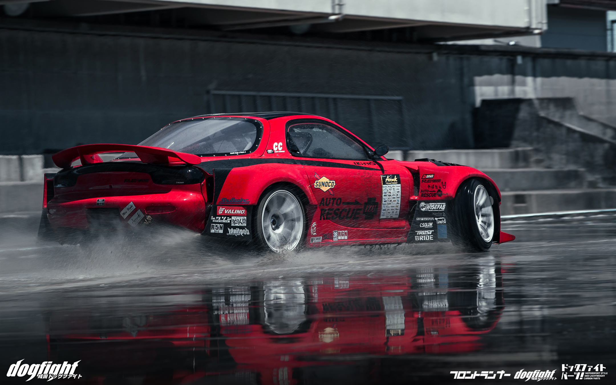 General 2160x1350 drift drift cars Mazda RX-7 wet road red cars car car racing vehicle reflection water Japanese