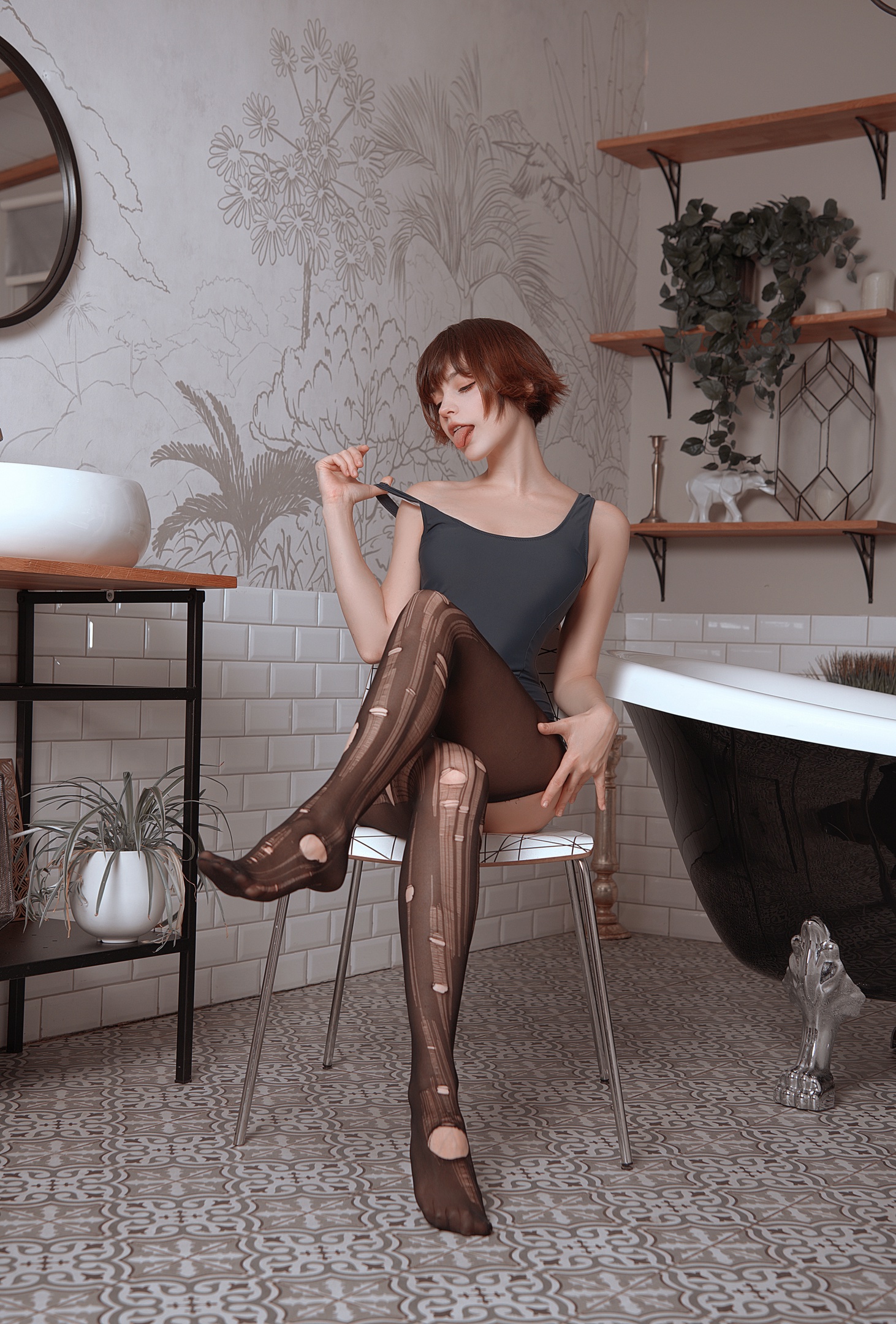 People 1462x2160 Karina Salakhutdinova women redhead short hair lingerie torn pantyhose legs crossed chair tongue out tongues legs pantyhose pulling clothing women in bathroom model pointed toes