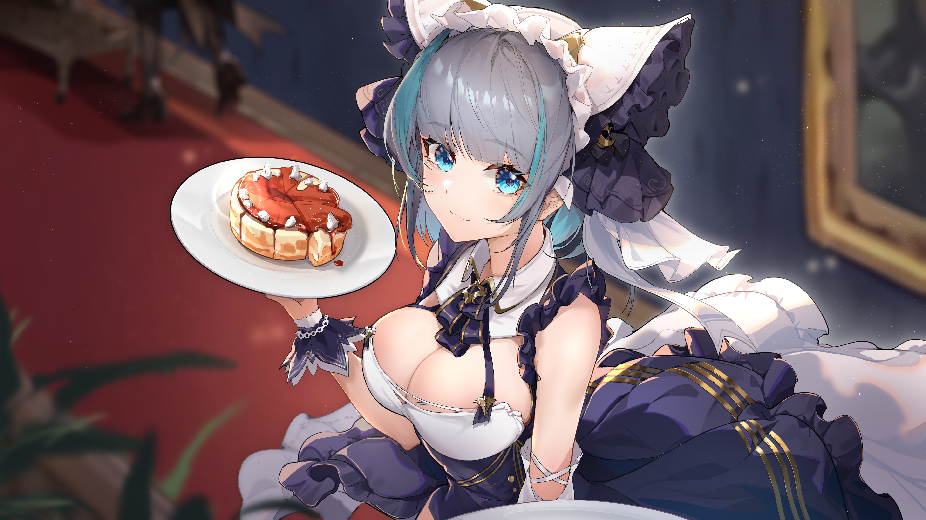 Anime 3840x2160 anime anime girls Cheshire (Azur Lane) Azur Lane cat ears cat girl blue eyes sweets cleavage big boobs maid outfit maid two tone hair
