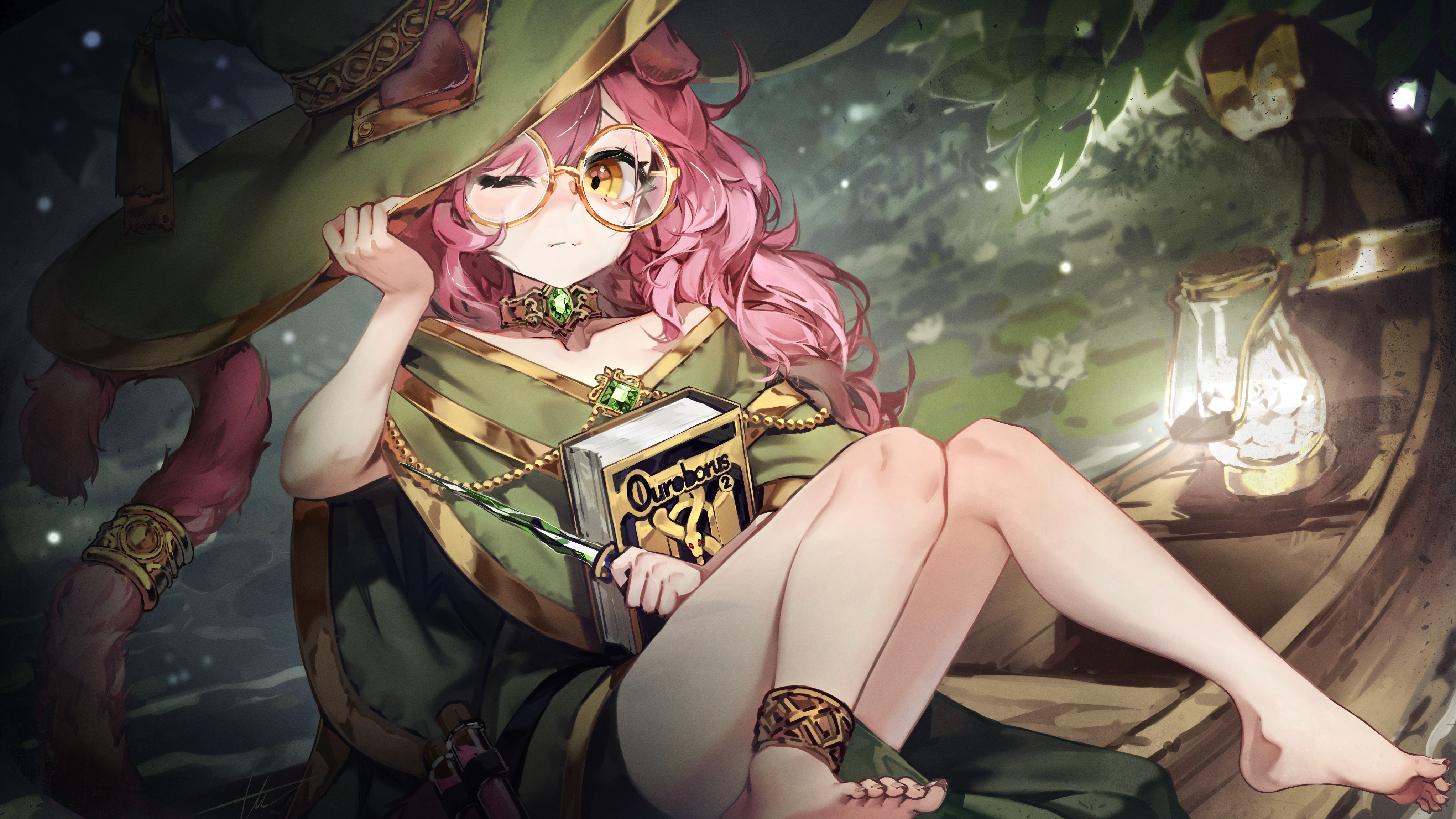 Anime 4089x2300 Goldenglow(Arknights) WaterSnake (artist) Arknights anime girls glasses pink hair one eye closed animal ears tail witch hat books feet yellow eyes