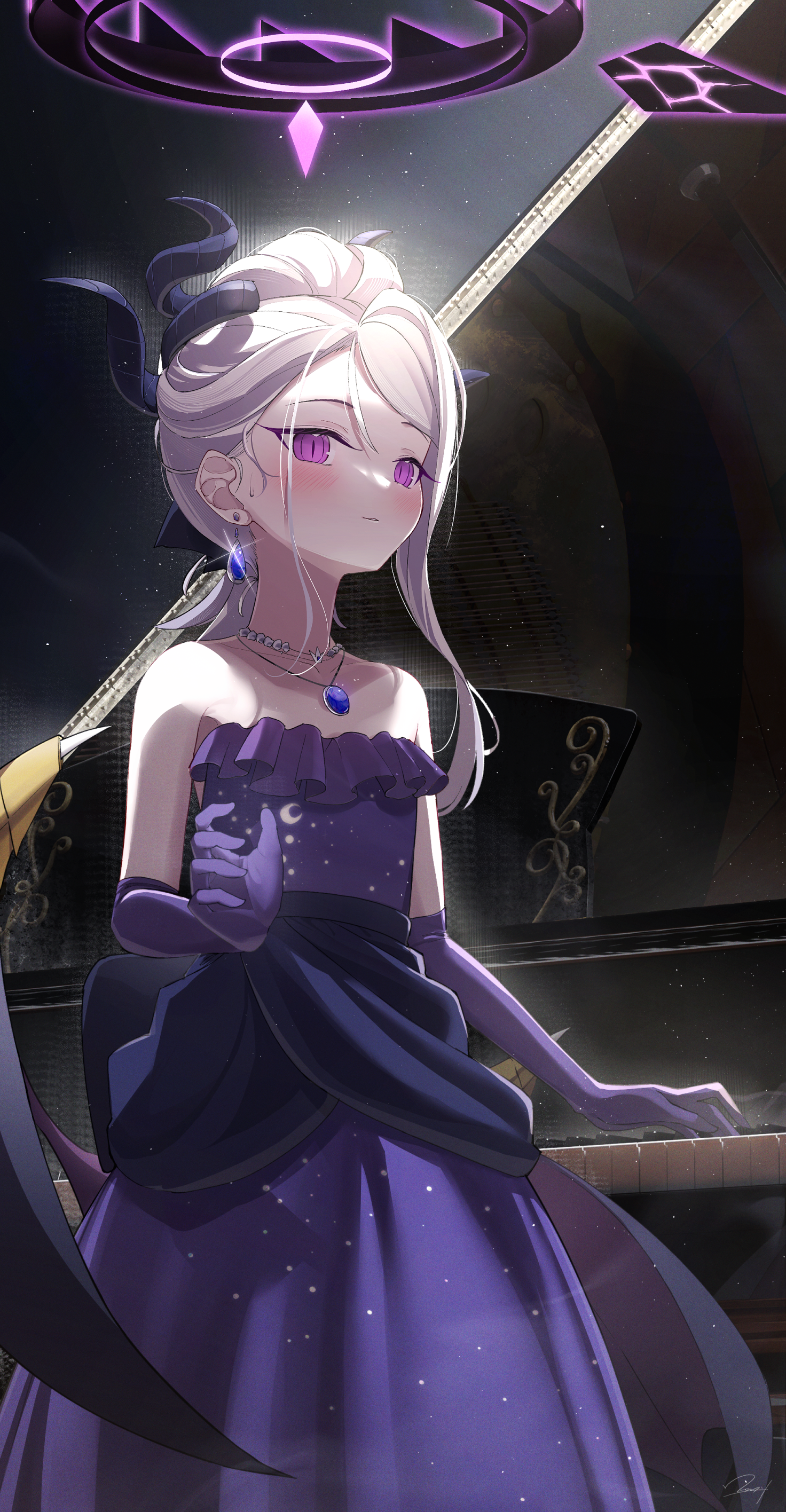 Anime 1472x2832 anime girls anime girl with wings Sorasaki Hina (Blue Archive) long hair purple eyes white hair portrait display Blue Archive standing looking at viewer dress elbow gloves gloves purple gloves blushing closed mouth necklace collarbone sweatdrop gemstone necklace purple signature horns gem earrings gemstones bare shoulders frills