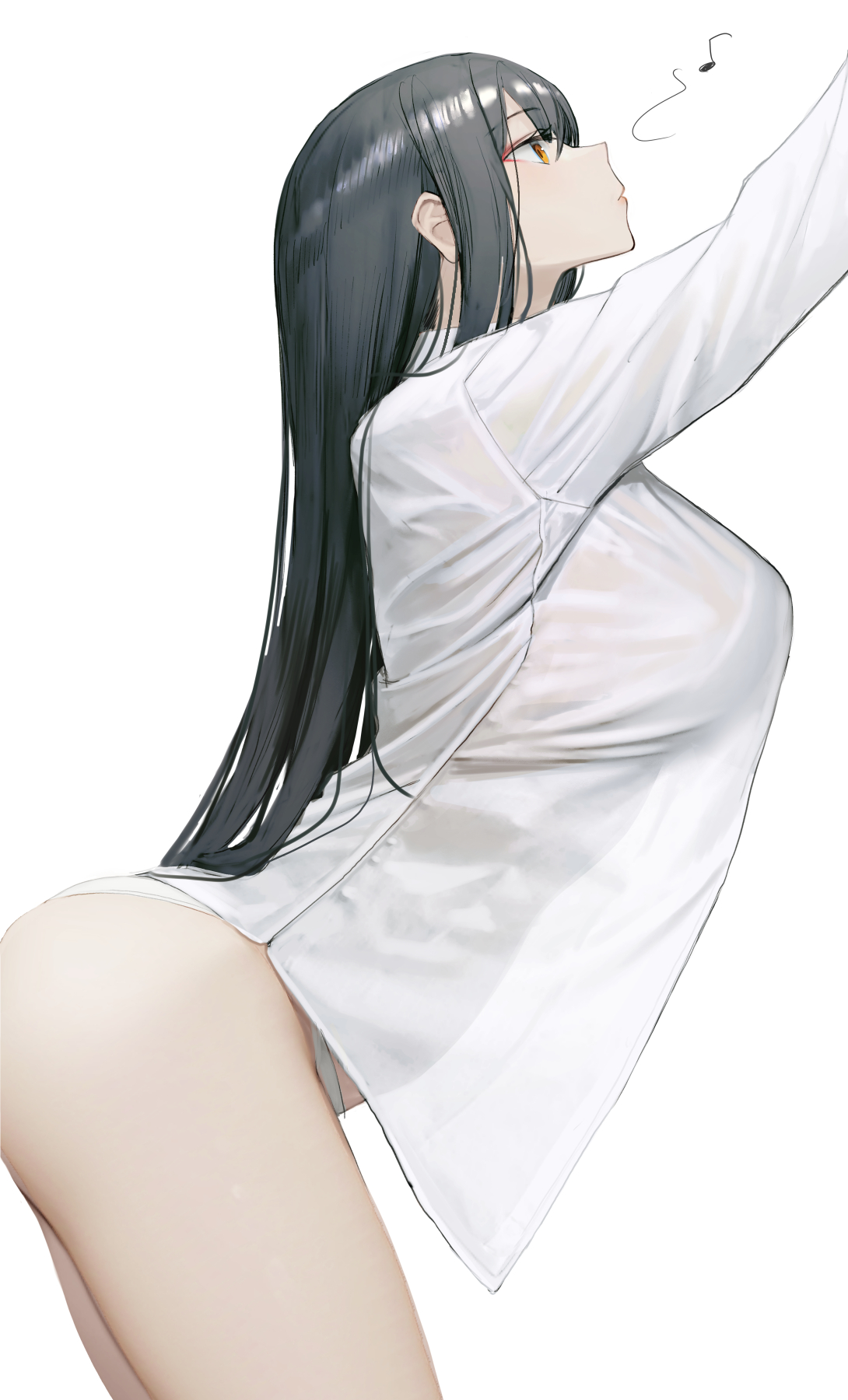 Anime 1090x1800 Nyatabe yellow eyes portrait display long hair huge breasts black hair looking up musical notes white background thighs simple background shirt white shirt open shirt white panties underwear white underwear panties closed mouth makeup profile looking away
