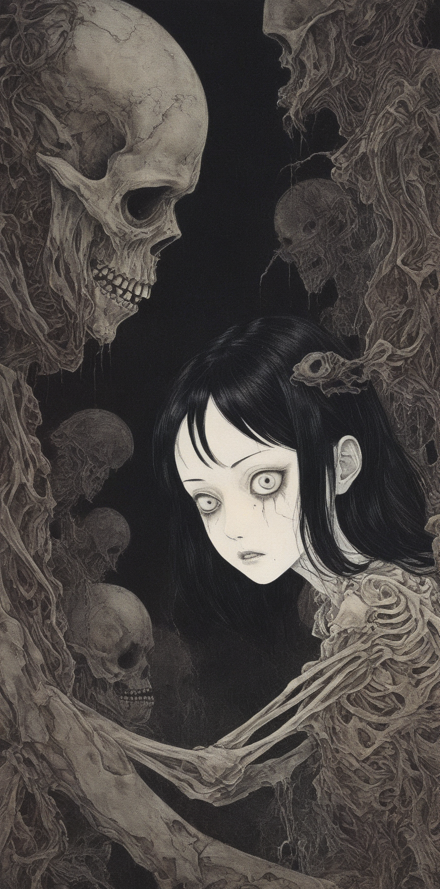 Anime 896x1808 AI art horror anime skull and bones dark Junji Ito skeleton looking at viewer horror portrait display anime anime girls parted lips skull pale long hair black hair