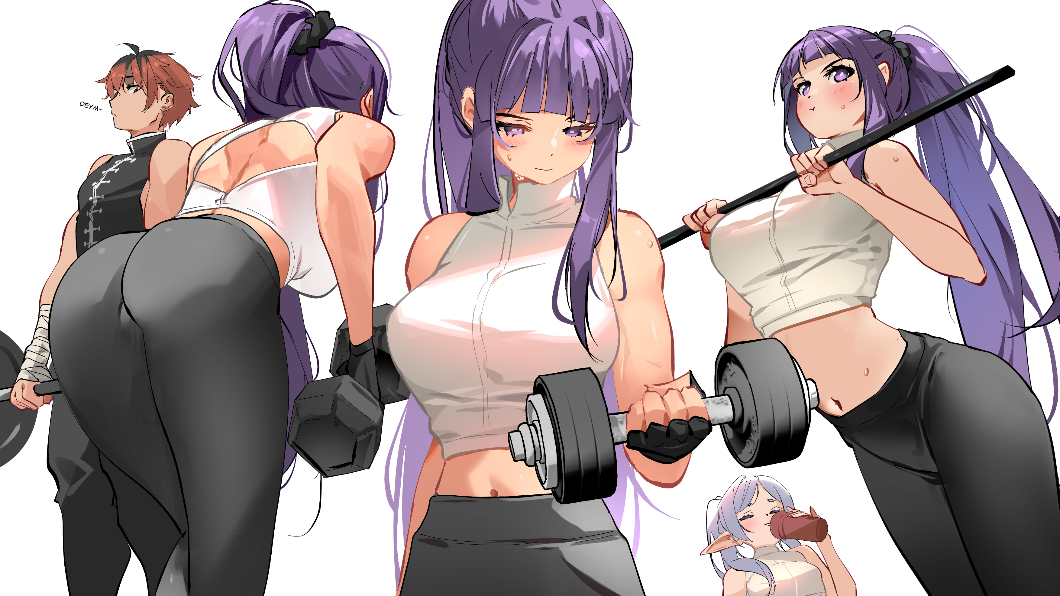 Anime 3508x1972 Sousou No Frieren Frieren anime girls anime boys Fern (Sousou No Frieren) Stark (Sousou no Frieren) sportswear yoga pants alternate costume sweat working out huge breasts watermarked dumbbells crop top ponytail purple hair purple eyes blushing bare midriff ass simple background Sydus white background peeking weightlifting two women elves pointy ears drink long hair closed mouth