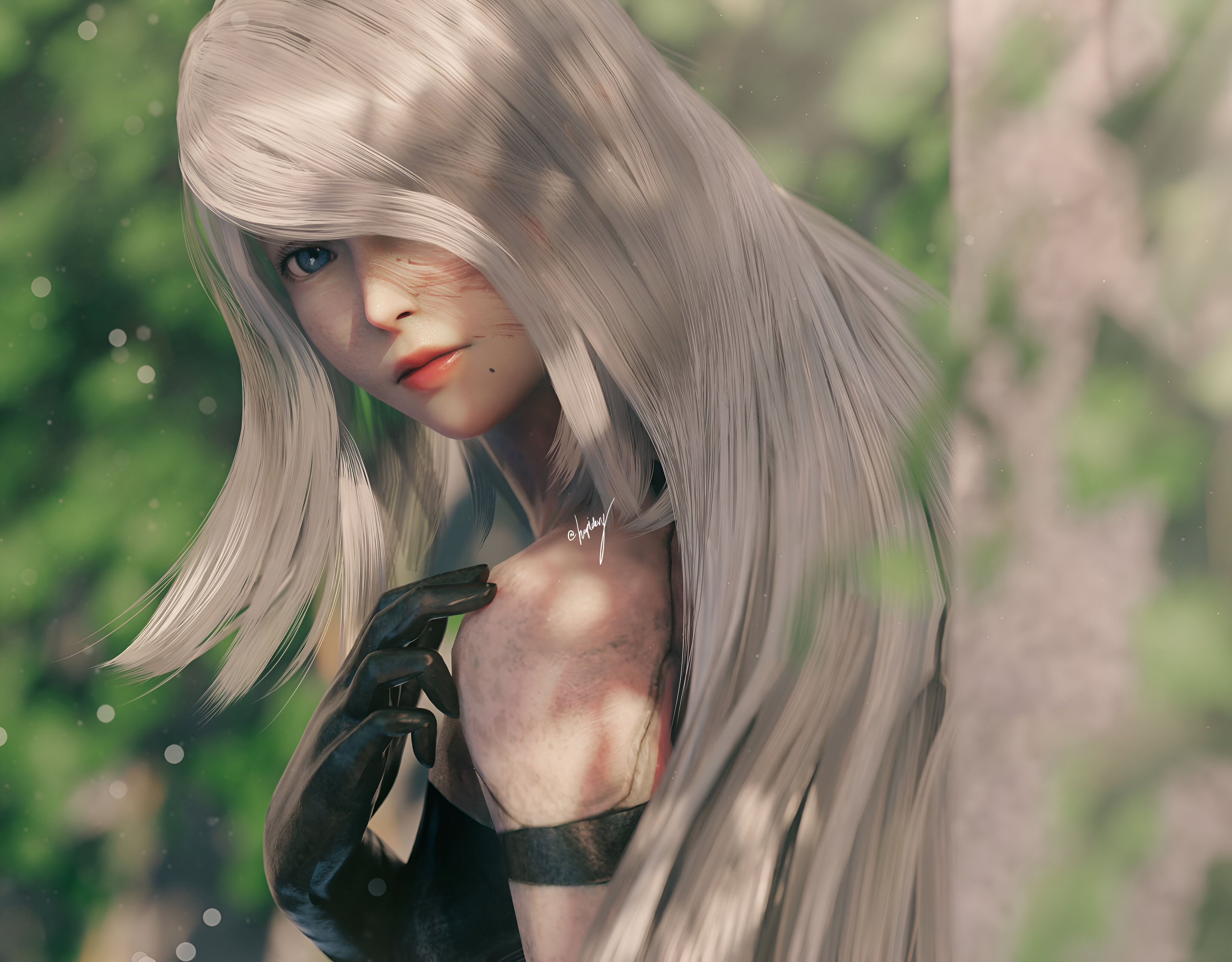 General 4096x3200 A2 (Nier: Automata) artwork digital art signature Nier CGI Devy hair over one eye Nier: Automata long hair video game characters face video game girls video games sunlight moles mole under mouth white hair blue eyes looking at viewer leaves