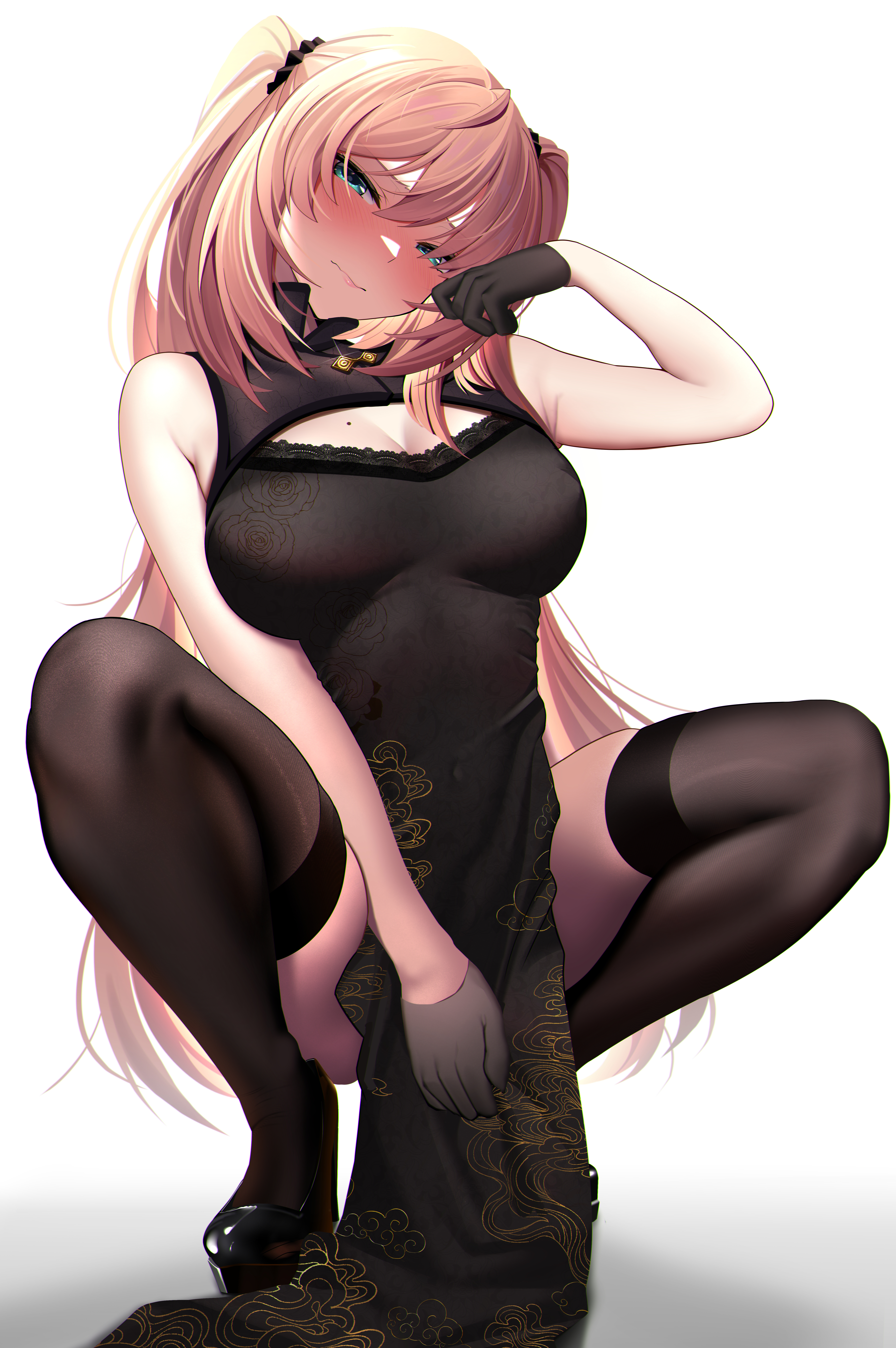 Anime 5352x8048 anime girls black stockings squatting chinese dress mole on breast gloves black dress long hair Aki (artist) portrait display looking at viewer blushing white background blonde bent legs stockings blue eyes closed mouth black gloves cleavage hair between eyes anime