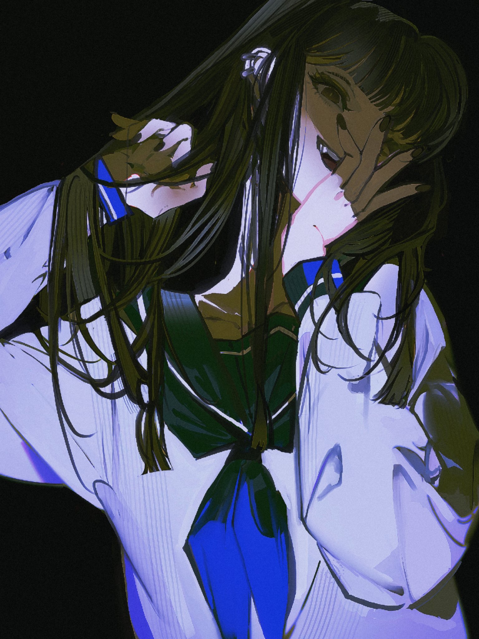 Anime 1536x2048 John Kafka anime anime girls long sleeves schoolgirl school uniform looking at viewer smiling hand on face touching face black background teeth long hair neckerchief black nails painted nails open mouth hands in hair collarbone