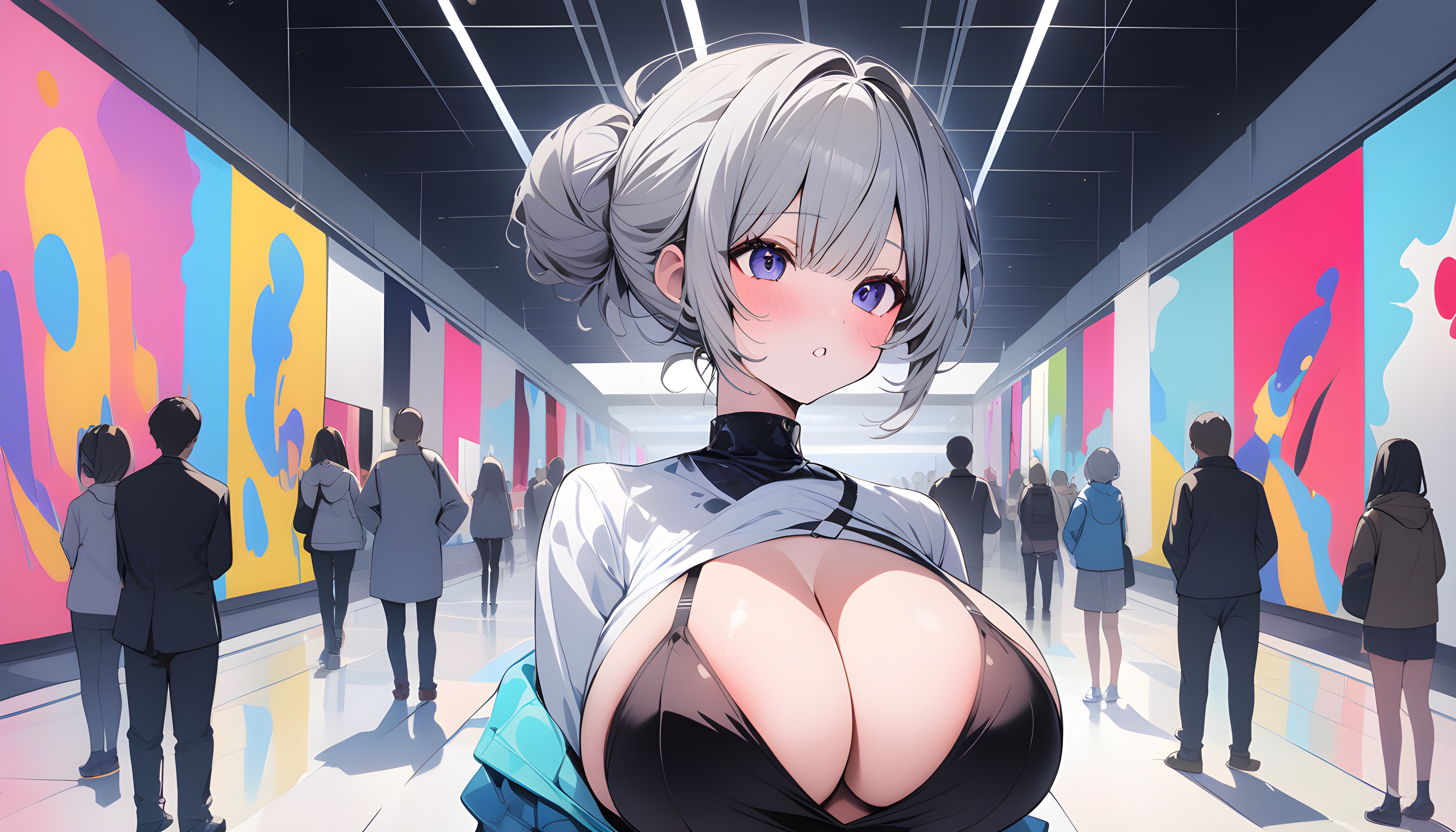 Anime 5376x3072 anime girls AI art huge breasts art gallery cleavage cutout cleavage looking away blushing short hair hairbun crowds parted lips bright