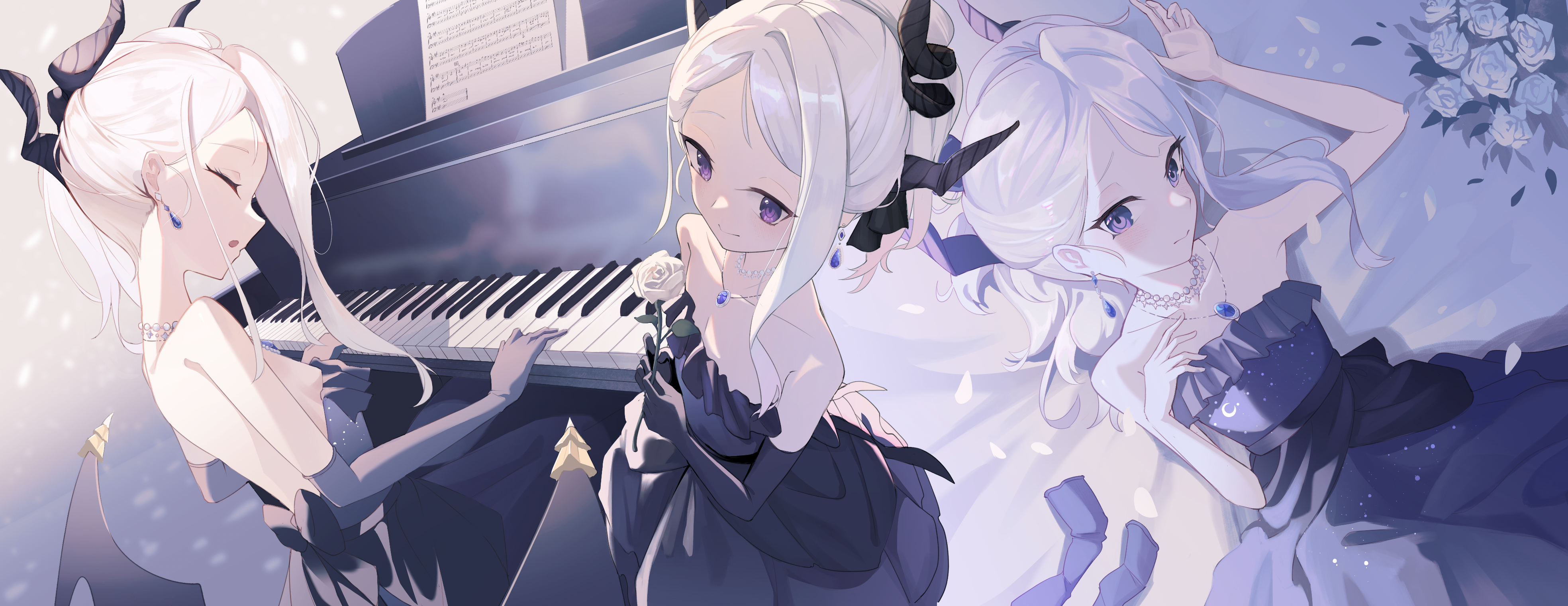 Anime 3936x1520 Sorasaki Hina (Blue Archive) Blue Archive dress white hair long hair purple eyes demon horns elbow gloves gloves piano musical instrument looking at viewer smiling closed eyes earring gem earrings flowers pearl necklace paper musical notes skinny bare shoulders collarbone backless dress horns gemstone necklace rose