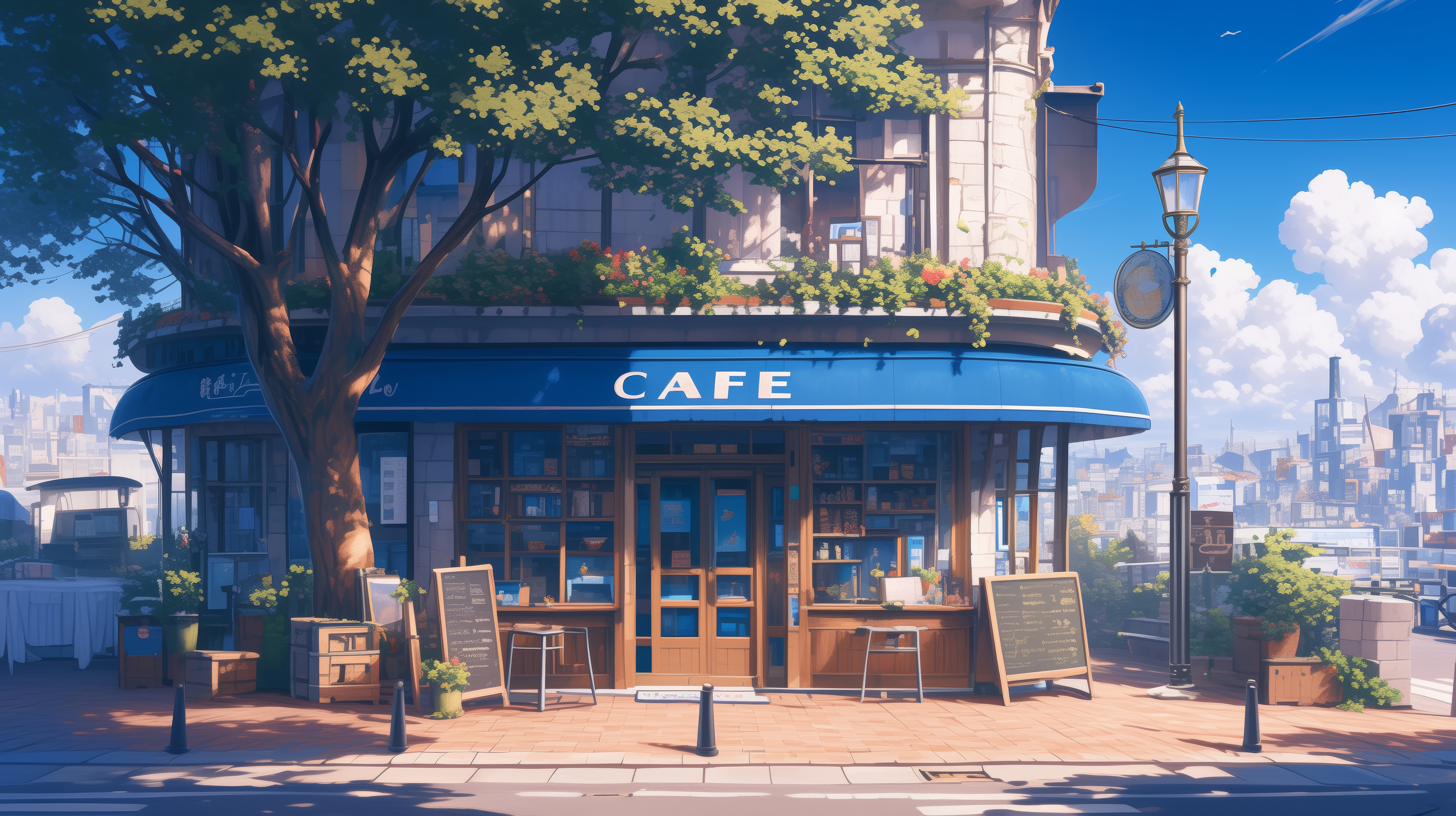 General 5824x3264 AI art illustration cafe trees clouds sunlight sidewalks menu building sky city store front