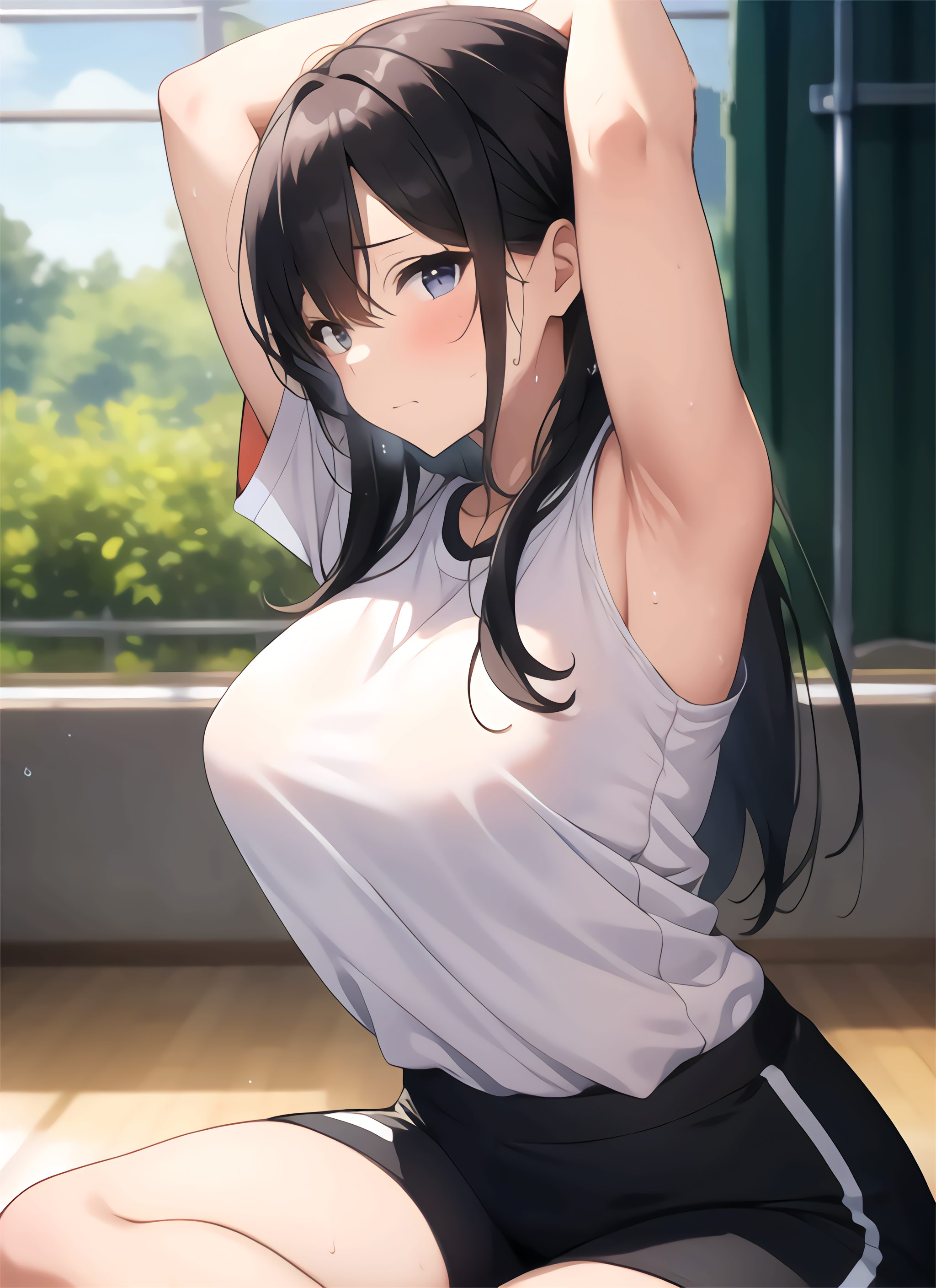 Anime 2048x2816 AI art anime girls original characters long hair black hair big boobs solo artwork digital art hair between eyes anime portrait display blushing looking at viewer sunlight closed mouth blue eyes short sleeves arms up armpits on the floor