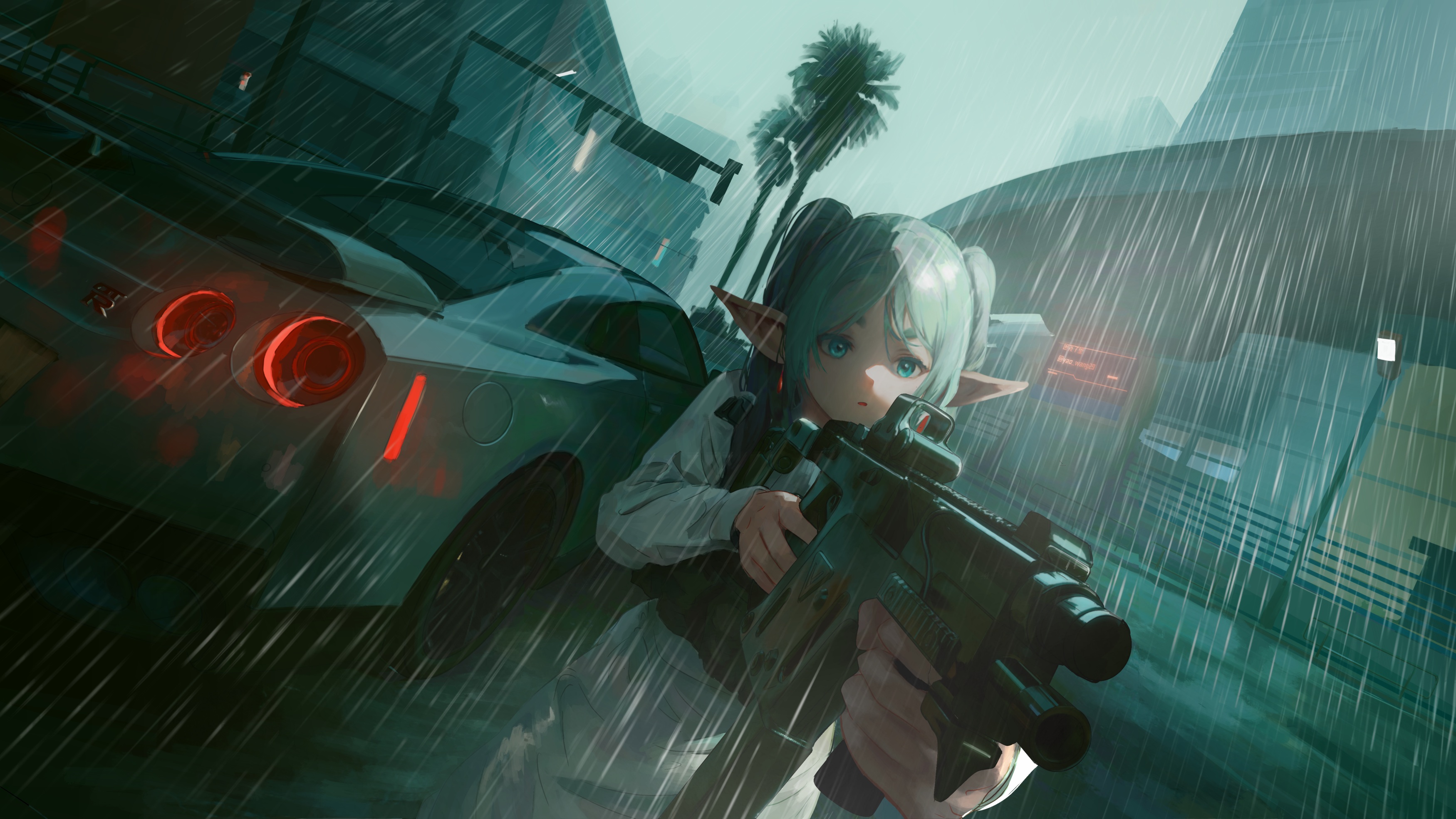 Anime 3500x1969 anime anime girls Sousou No Frieren Frieren pointy ears vehicle open mouth long hair aiming girls with guns car rain standing rear view taillights blue eyes looking away gun thick eyebrows bulletproof vest earring twintails