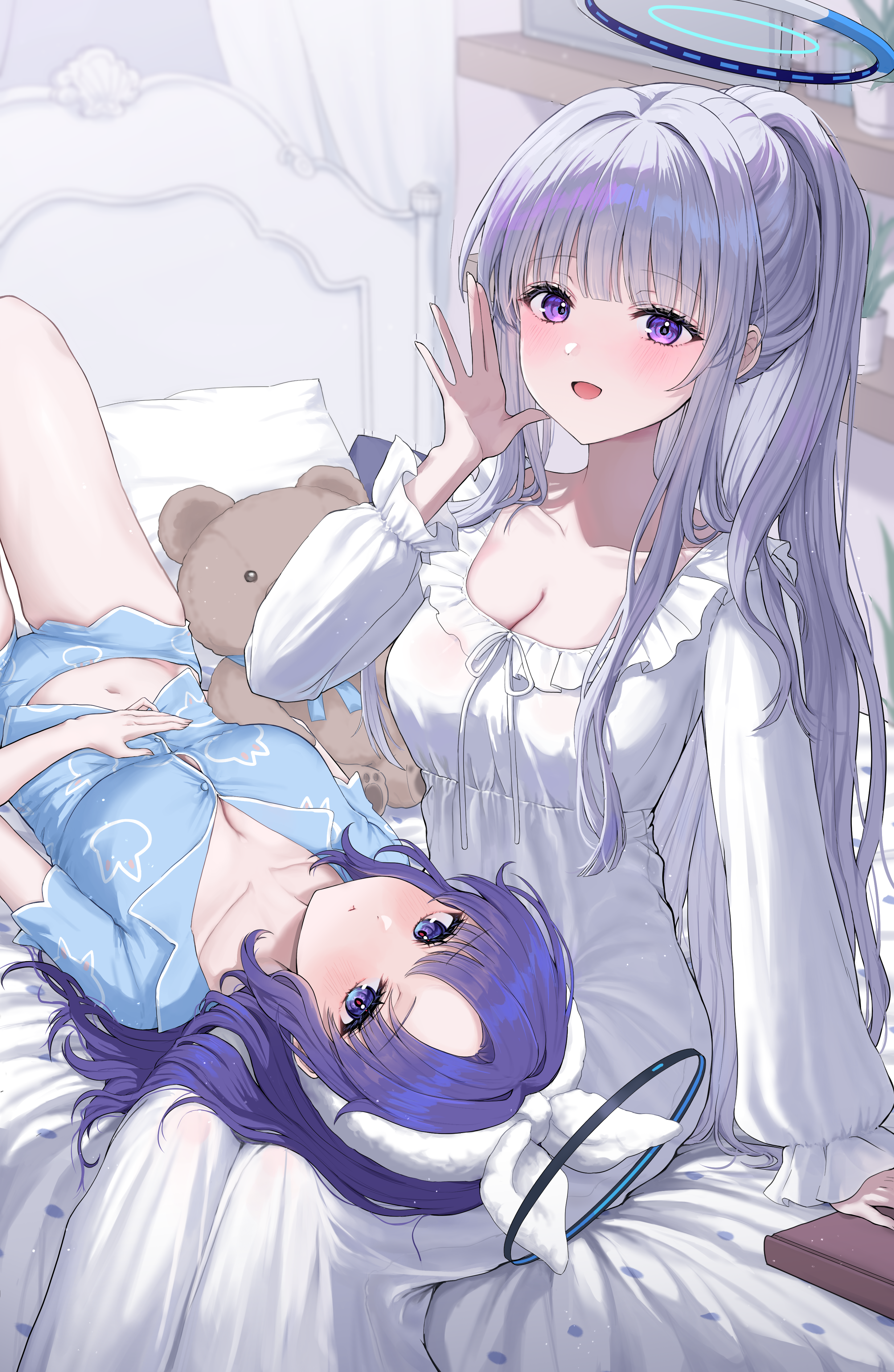 Anime 2900x4450 Blue Archive anime Pixiv anime games anime girls Hayase Yuuka Ushio Noa halo blushing kuuhaku portrait display long hair open mouth cleavage lying down lying on back belly button collarbone ponytail looking at viewer purple eyes blue eyes purple hair silver hair women indoors in bed pyjamas teddy bears pouting closed mouth pillow white sheets