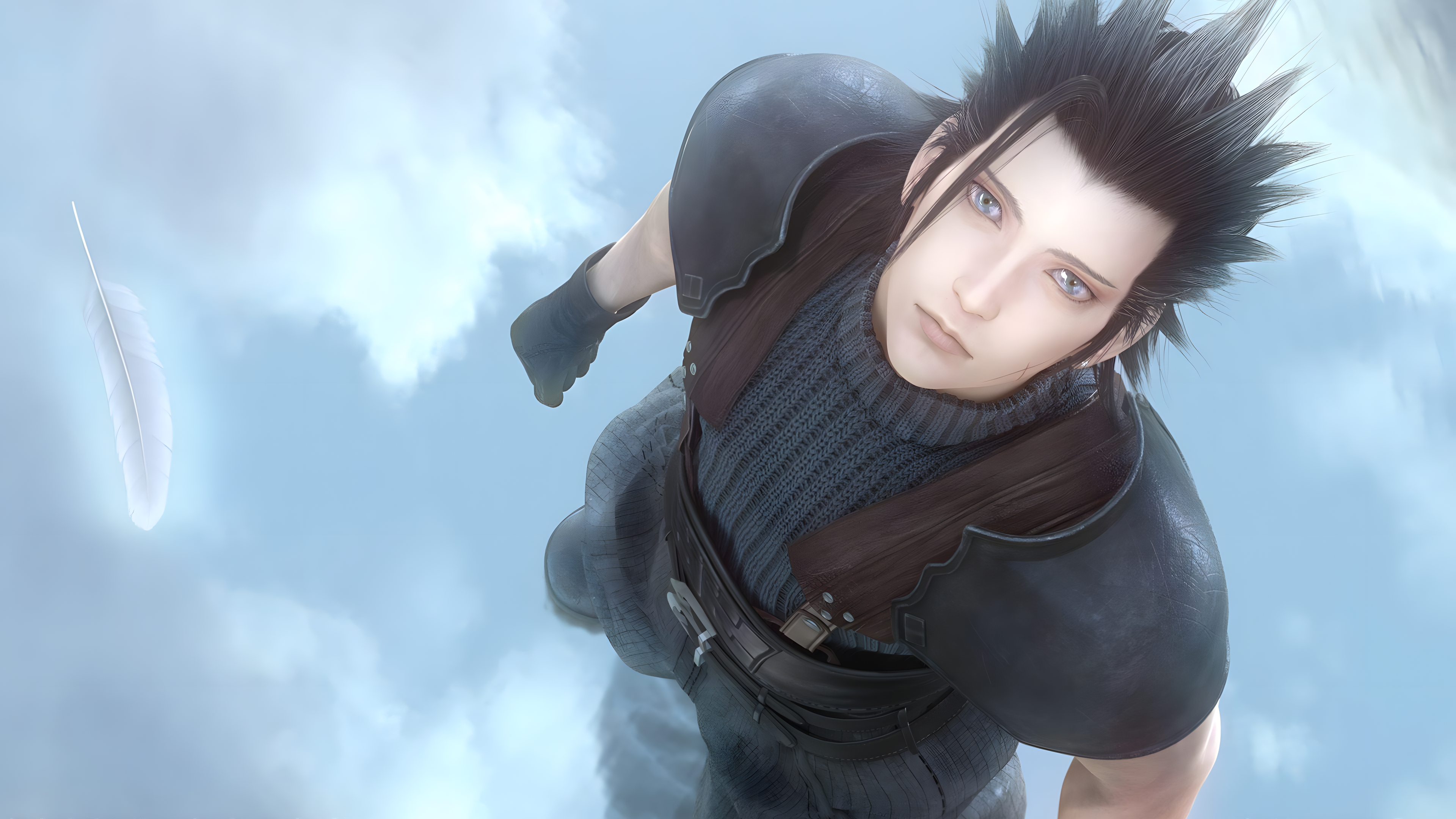 General 3840x2160 Zack Fair Final Fantasy VII video game characters sky digital art video games dark hair looking up video game art screen shot video game boys feathers looking at viewer standing closed mouth blue eyes gloves clouds CGI