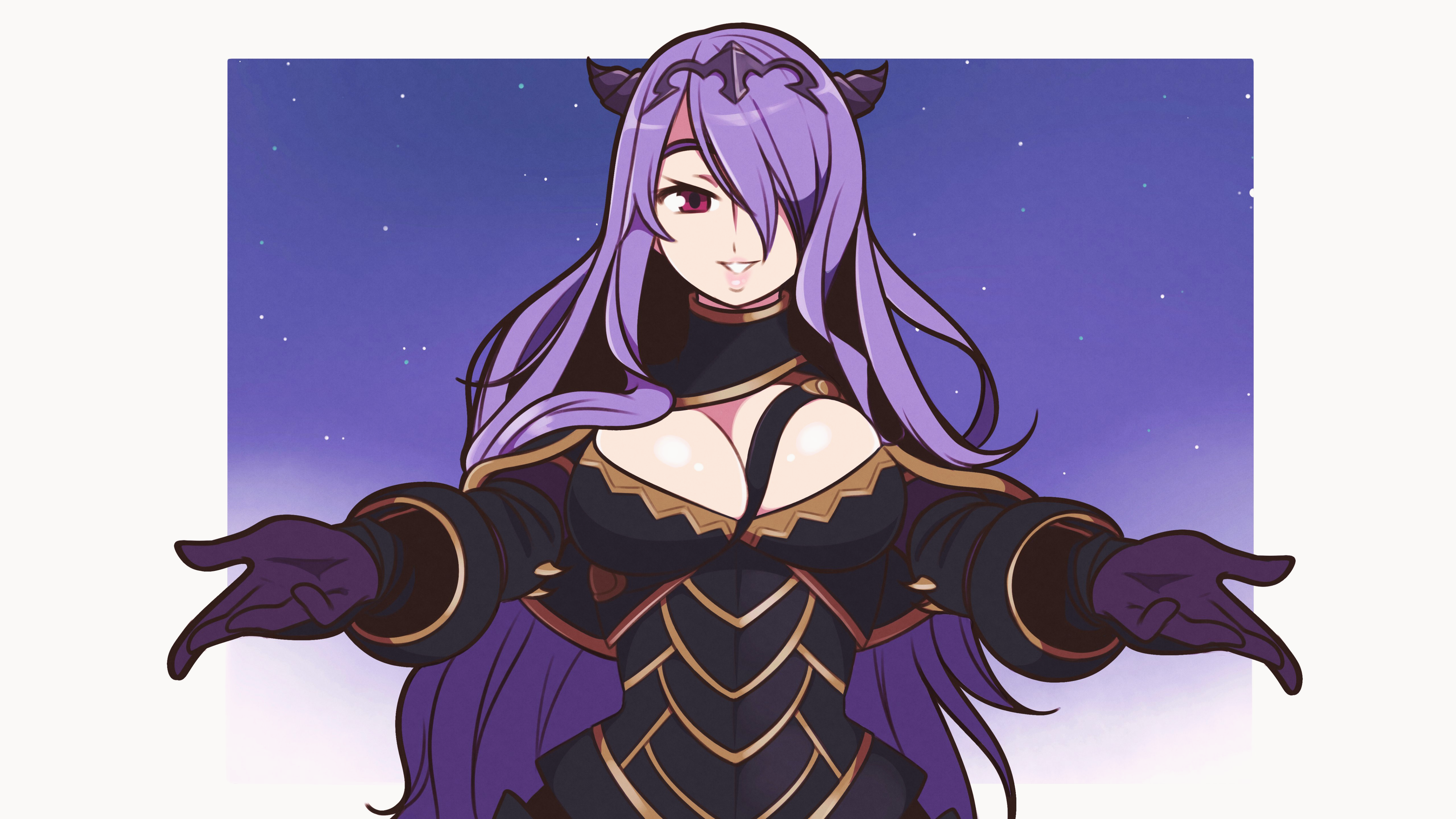 Anime 5120x2880 Camilla (Fire Emblem) Fire Emblem Fire Emblem Fates Nintendo purple hair long hair headband circlet gloves boobs big boobs cleavage bangs hair over one eye looking at viewer cape smiling simple background choker multi-colored hair video games huge breasts armor Jeffmiga standing video game girls horns purple gloves