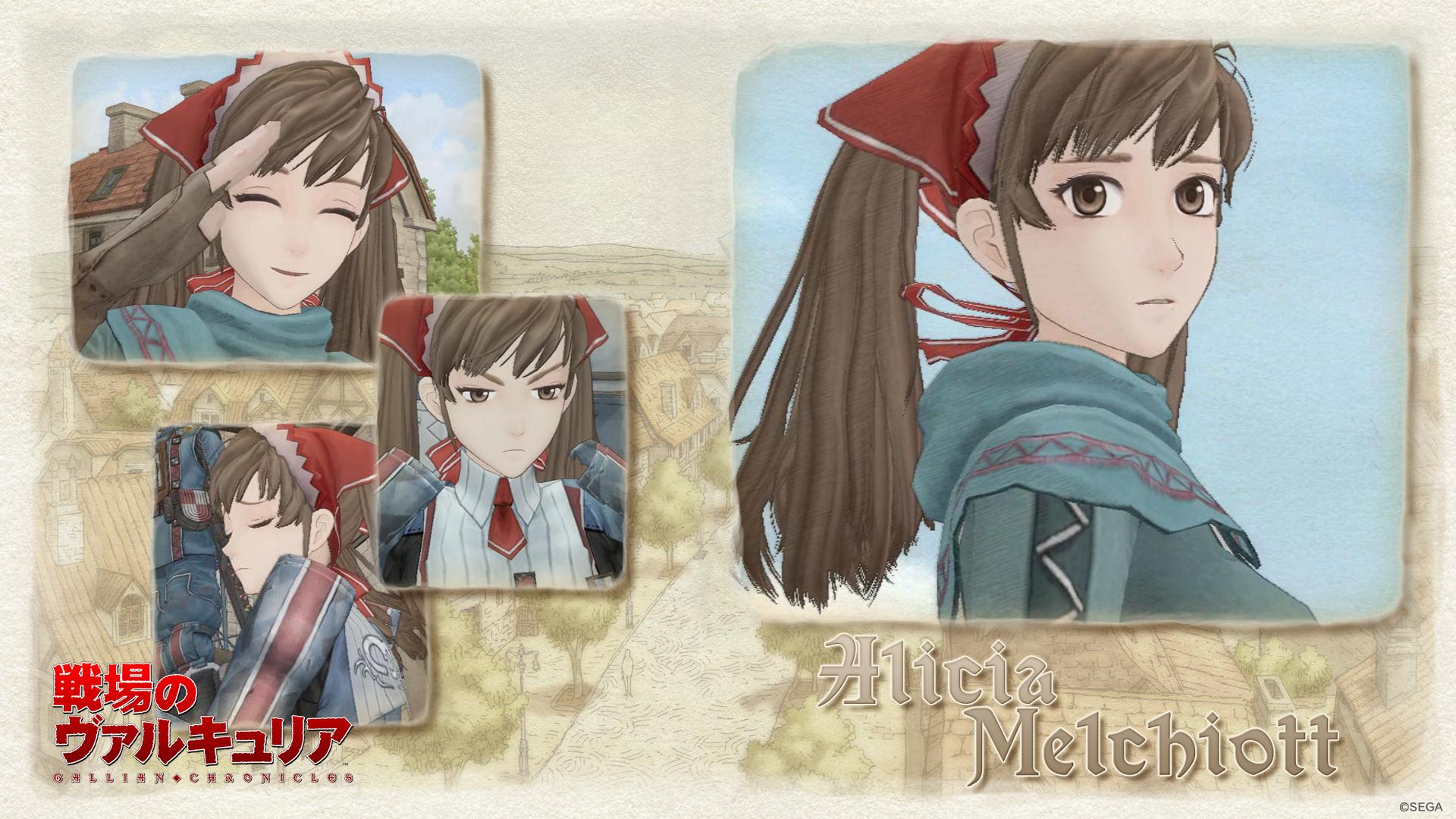 Anime 1920x1080 Valkyria Chronicles anime girls anime Alicia Melchiott twintails brunette brown eyes video game girls smiling video game characters title Japanese closed eyes closed mouth gloves fingerless gloves frown long hair watermarked Sega looking at viewer
