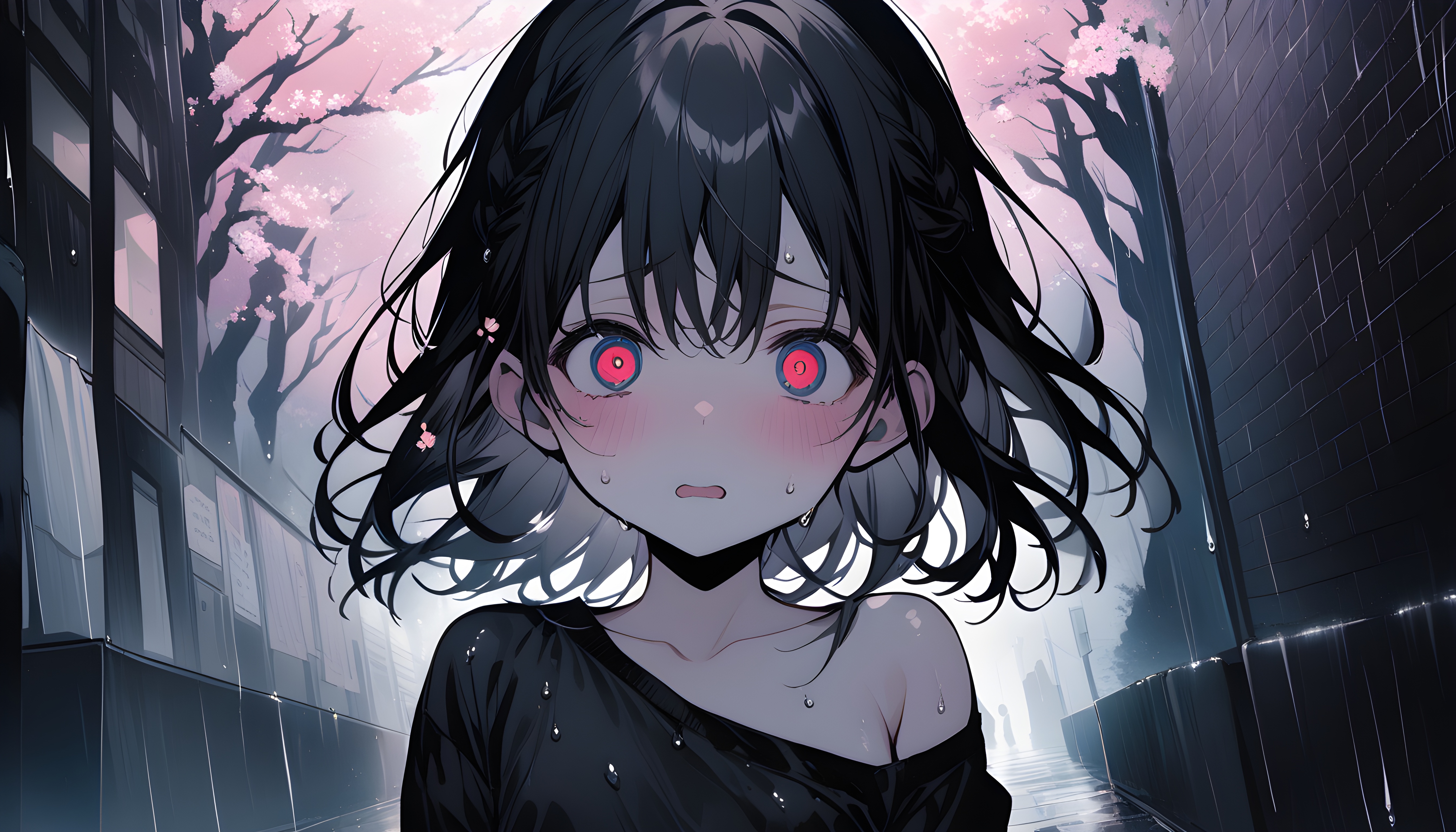Anime 5376x3072 anime girls AI art alleyway creepy one bare shoulder blushing off shoulder collarbone red eyes looking at viewer black hair short hair hair between eyes face open mouth trees wet