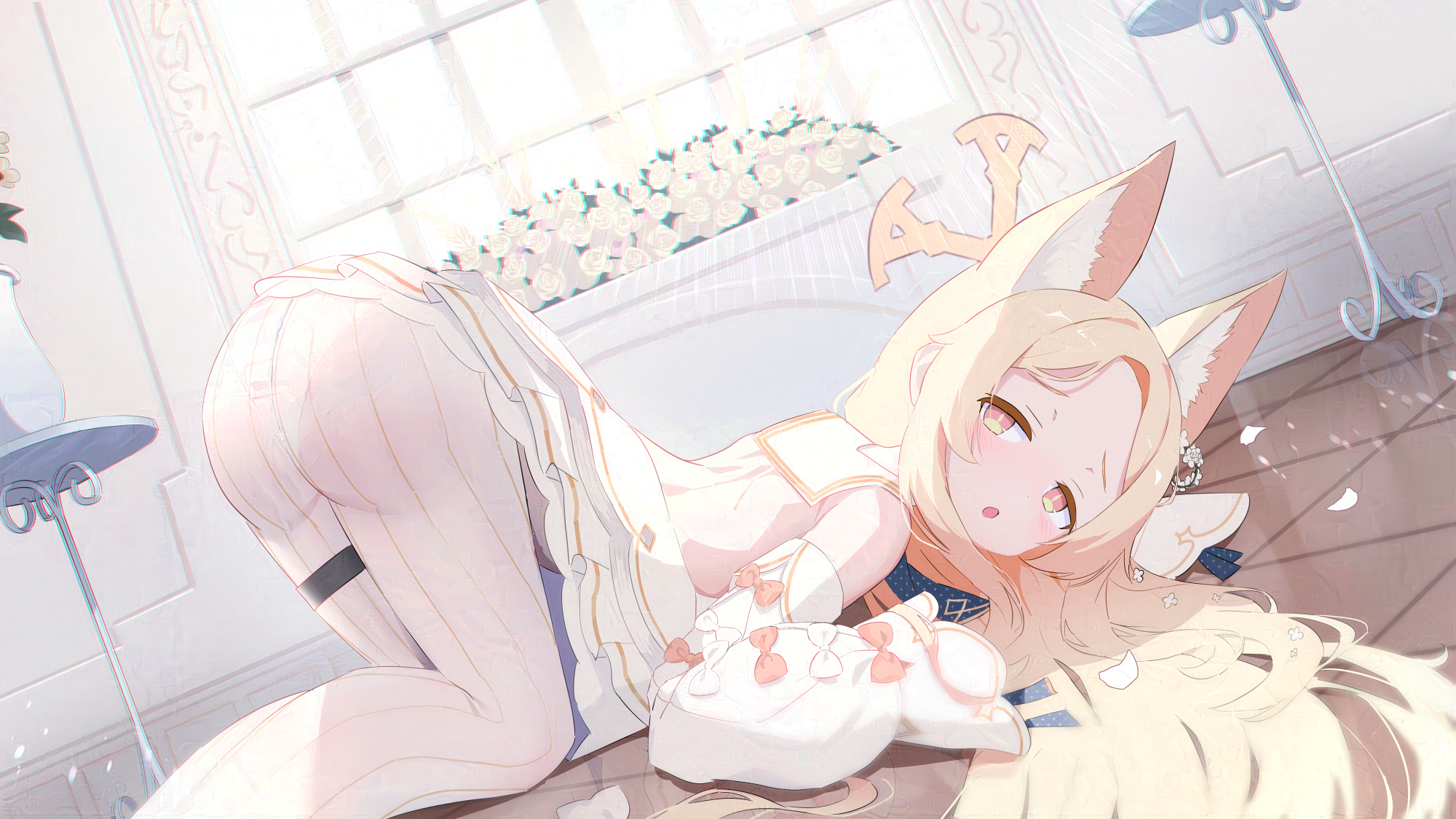 Anime 2000x1125 anime Blue Archive Yurizono Seia (Blue Archive) animal ears fox girl long hair dress loli orange eyes Pixiv sieracitrus open mouth bent over detached sleeves women indoors bright on the floor blonde fox ears flowers ass tile floor hair spread out anime girls leg ring blushing looking back