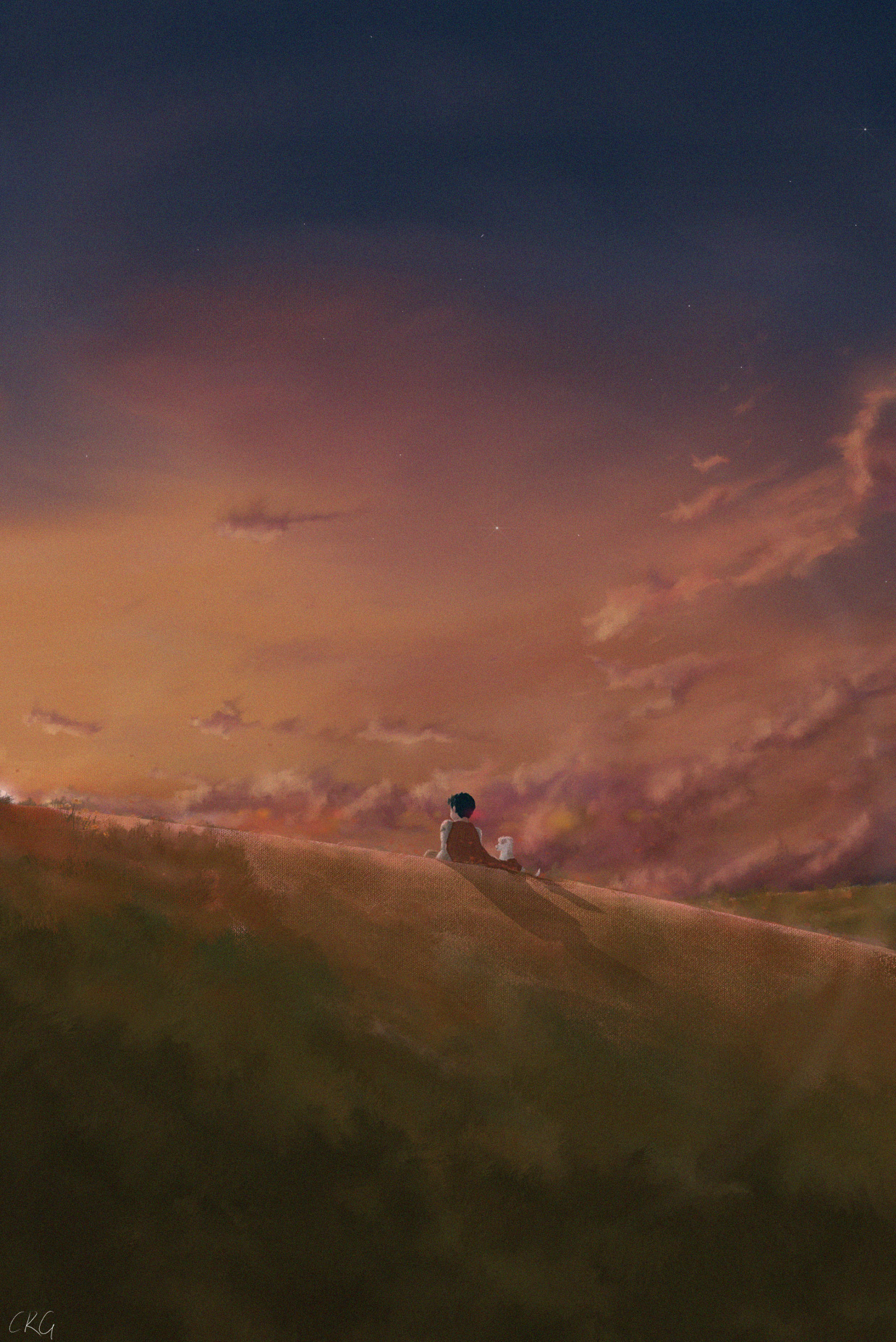 Anime 1238x1854 outdoors digital art nature field sunset glow sunset grass clouds sky anime dog anime boys ridges sitting