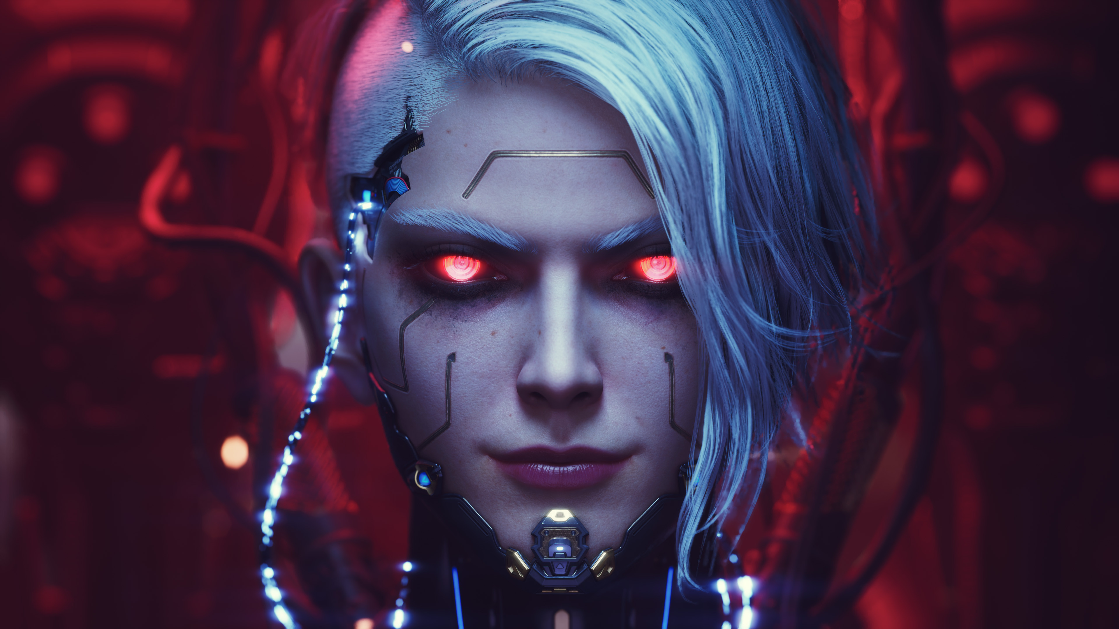 General 3840x2160 Huifeng Huang CGI cyberpunk portrait wires red eyes closeup digital art face looking at viewer frontal view closed mouth blurry background cables futuristic short hair cyborg smiling silver hair cyborg girl glowing eyes