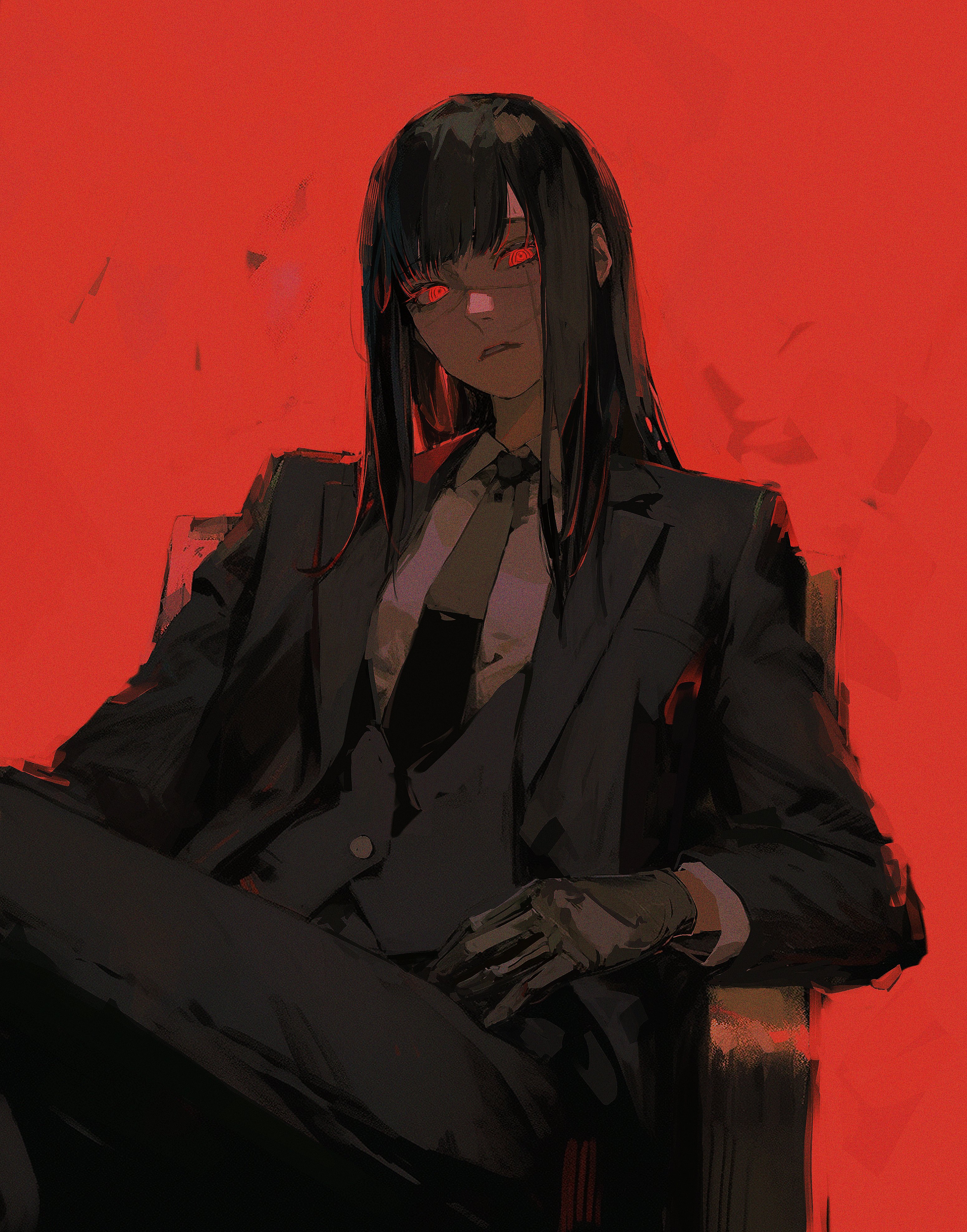 Anime 3103x3952 96yottea anime anime girls Chainsaw Man Mitaka Asa (Chainsaw Man) simple background gloves red background sitting looking at viewer long hair glowing eyes red eyes black hair parted lips suit and tie long sleeves necktie scars tie portrait display